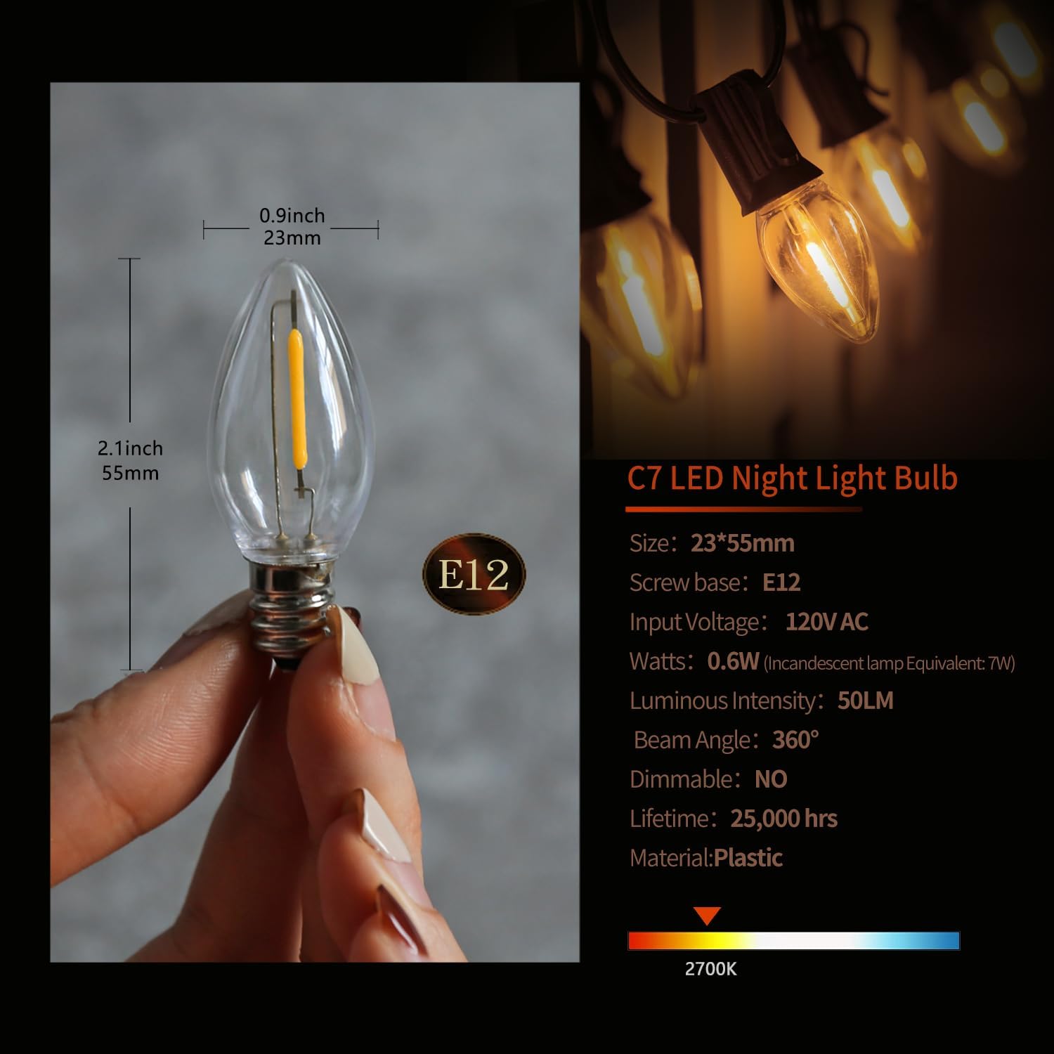 Cable de accesorio LED con 3 bombillas LED C7, base de candelabro E12, cable blanco con interruptor de encendidoapagado, luz de pueblo de Navidad
