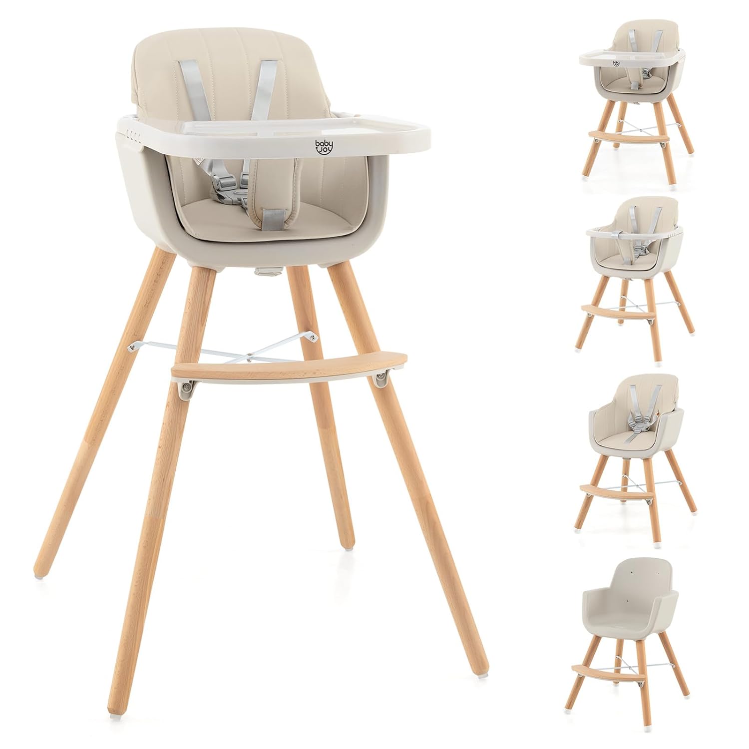 BABY JOY Silla alta convertible para bebé, silla alta de madera 3 en 1 con bandeja extraíble, patas ajustables, arnés de 5 puntos, cojín de