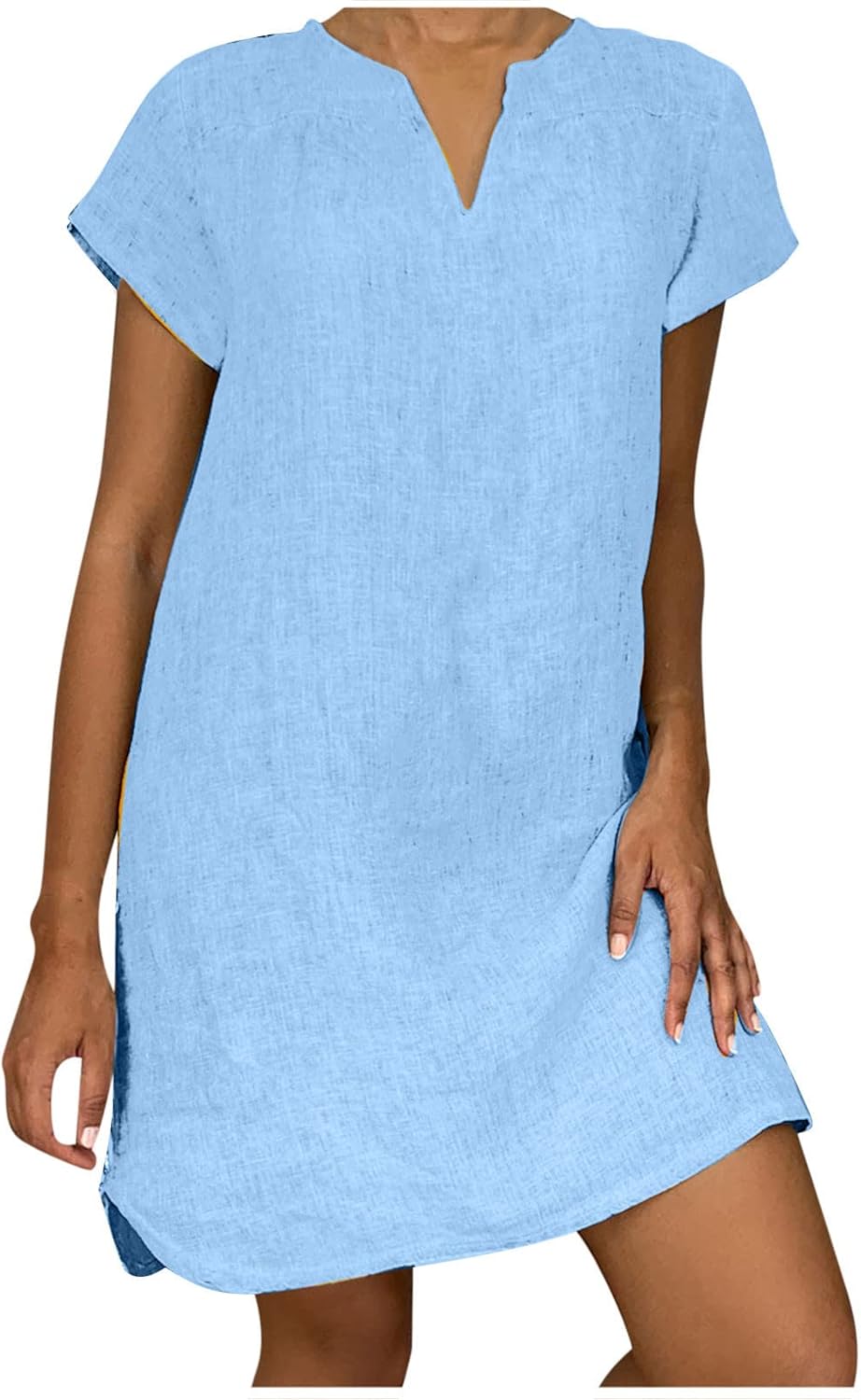 ZunFeo Vestidos de lino para mujer 2023 verano casual cuello en V vestido camiseta manga corta pequeño mini playa bohemio vestido de crucero