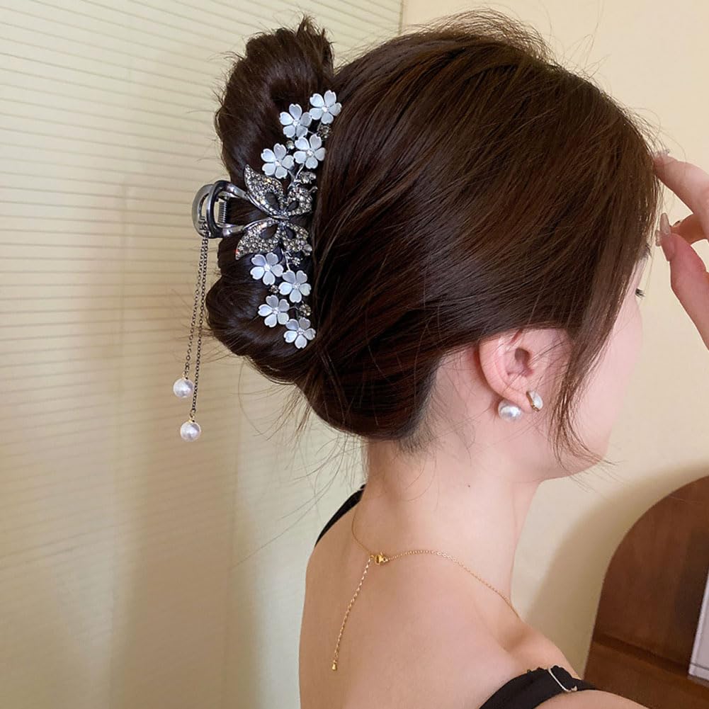 2 pinzas grandes de metal para el cabello, con diseño de mariposa y flores, borlas de flores, pinzas gruesas y largas para el cabello, pasadores,