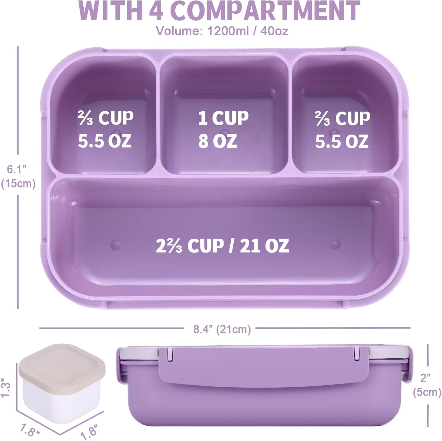 Bento Box – Lonchera para adultos, recipientes para niños y niñas con 4 compartimentos, contenedor de alimentos con utensilios, tarro de salsa,