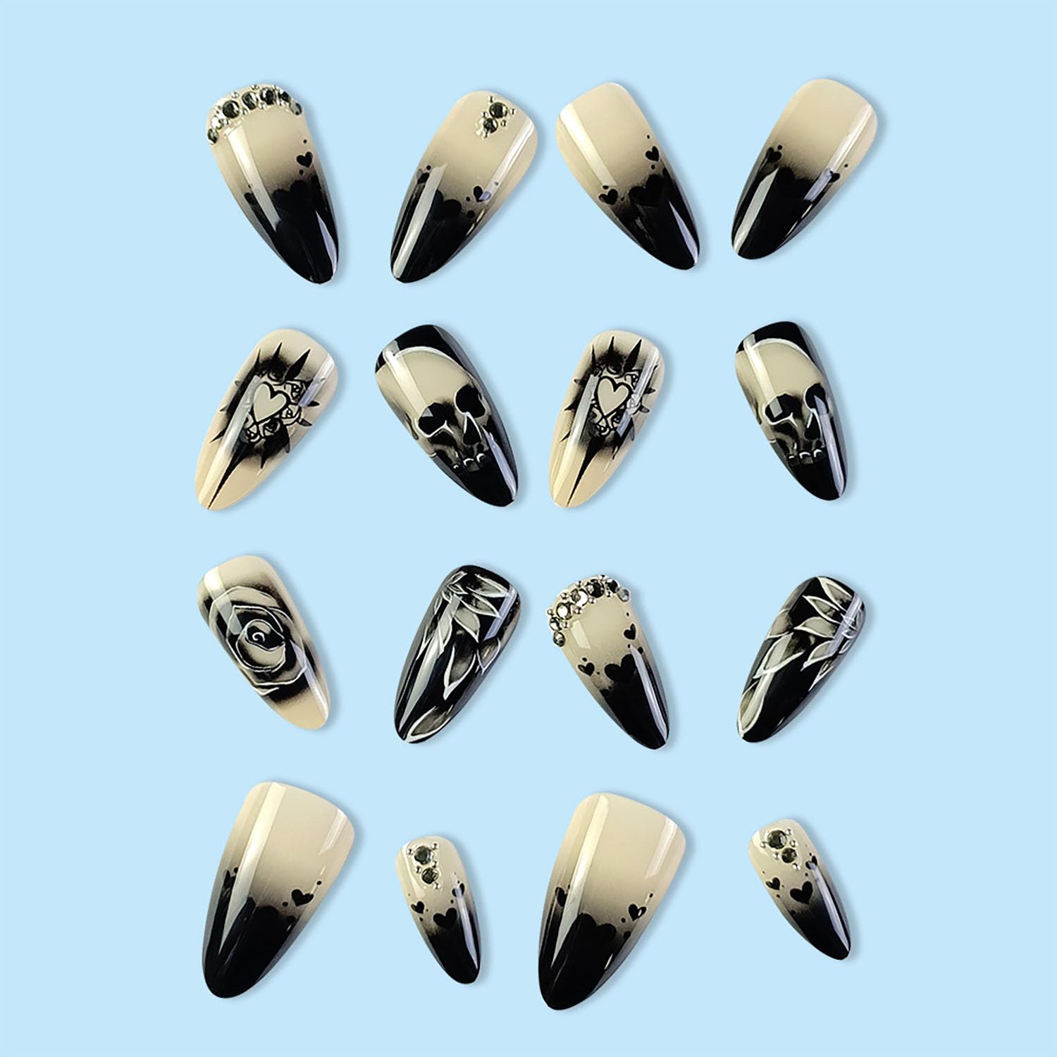 Uñas postizas a presión de Halloween, cuadradas, medianas, francesas, color negro, degradado, cobertura completa, calavera, corazón rosa, con