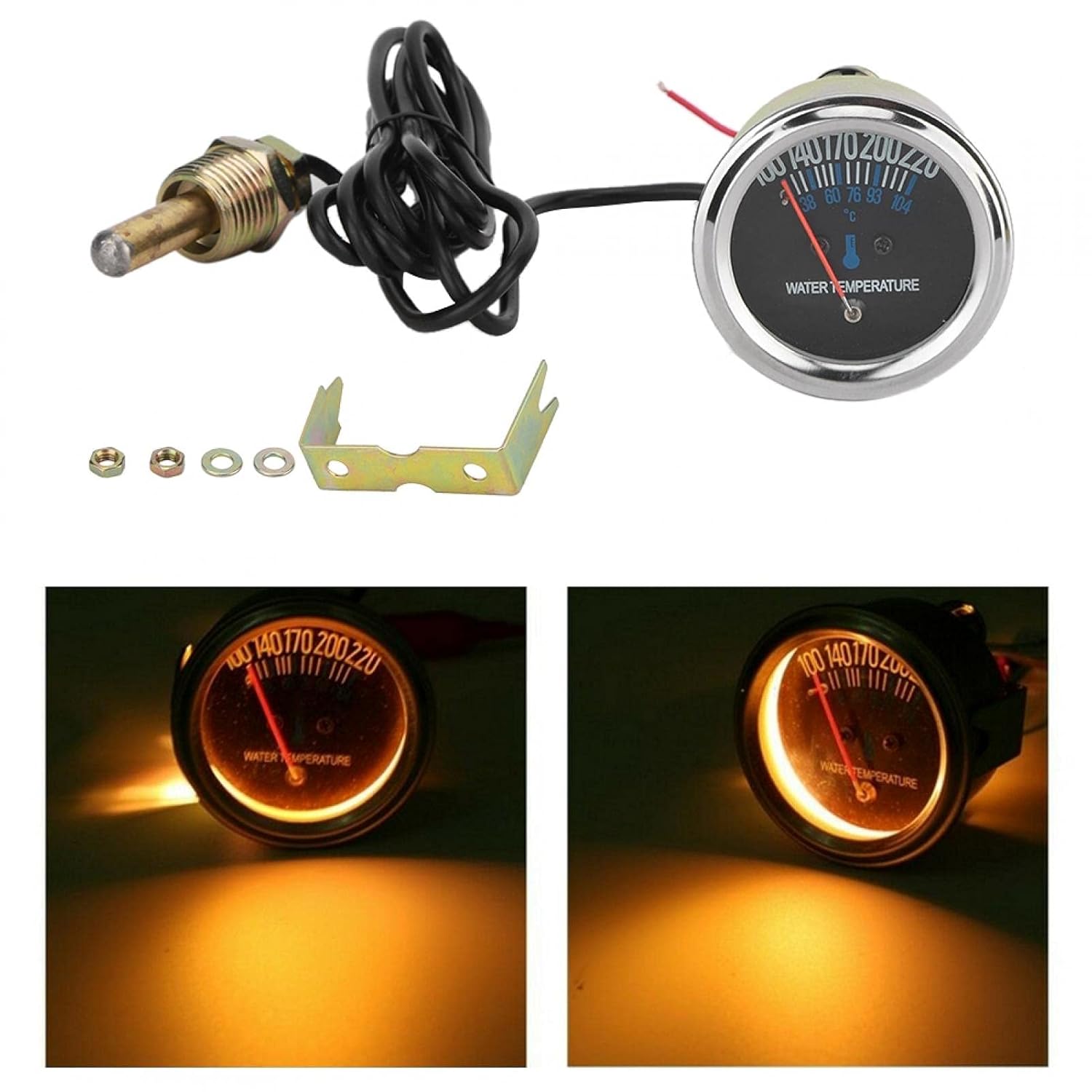 Medidor de temperatura del agua de 2.047 in y 12 V, medidor de temperatura de agua mecánico para automóvil de 100  220  F con luz amarilla, medidor