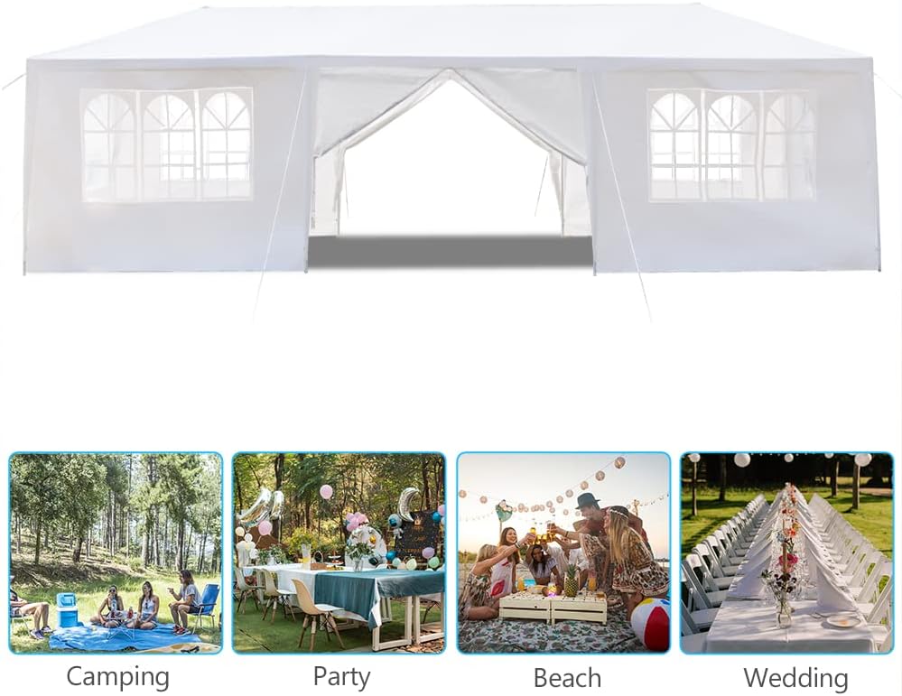 Tienda de campaña para exteriores de 10 x 30 pies con 8 paredes laterales extraíbles, toldo impermeable, glorieta de boda para patio, color blanco