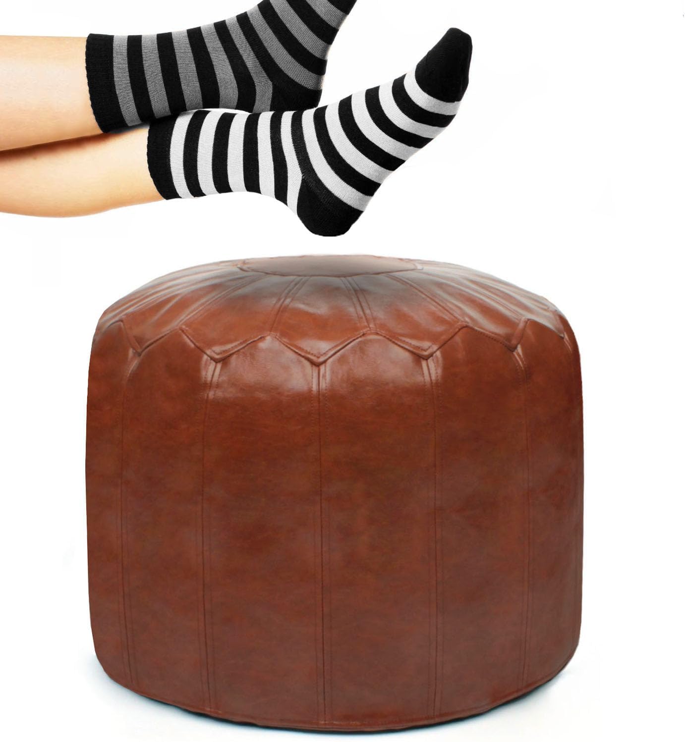 Otomano redondo de piel sintética con estilo, solución de almacenamiento para muebles de sala de estar. Diseño inspirado en Marruecos y costuras