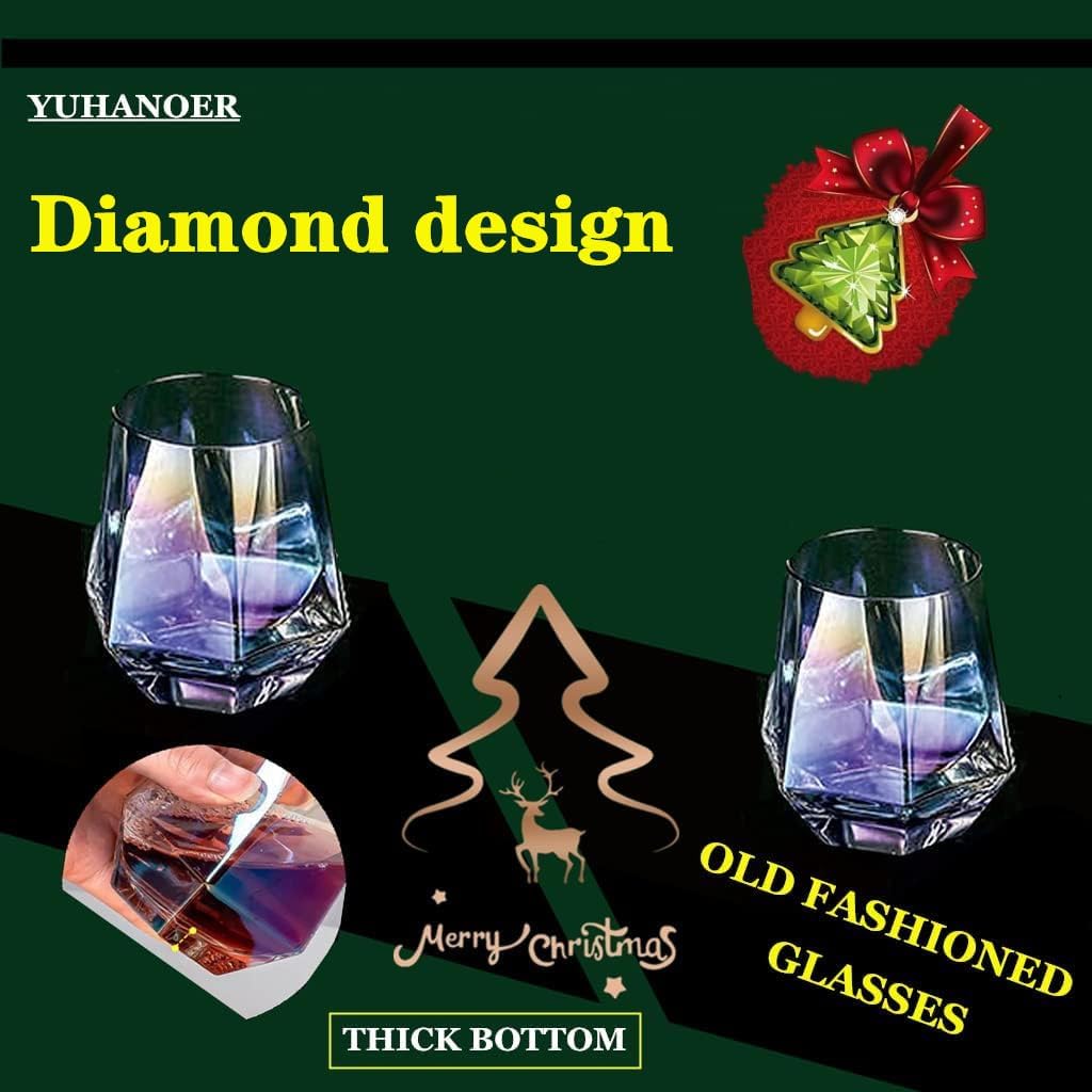 Juego de copas de vino de 1 (10 onzas), copas de vino sin tallo de diamante, cristalería iridiscente, vasos de whisky de cristal, perfectos para una