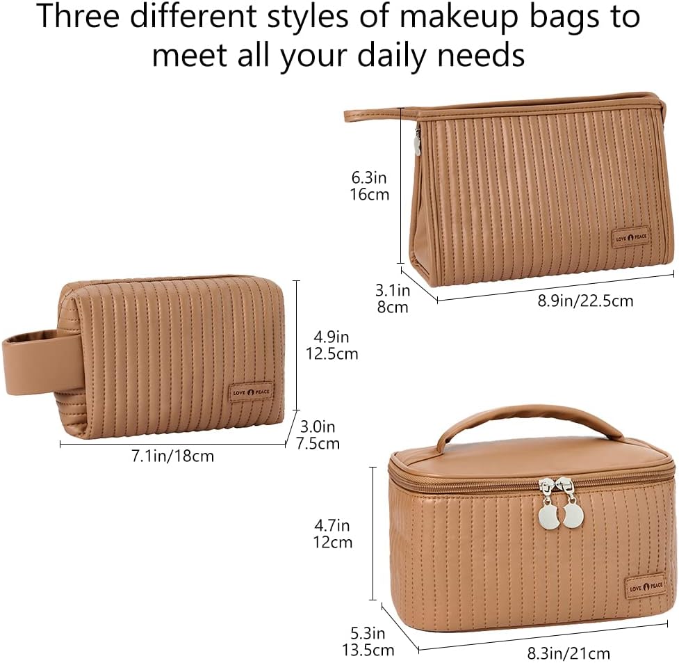 Bolsa de maquillaje de 3 piezas, juego de bolsas de cosméticos, bolsa de aseo de cuero a rayas de poliuretano, organizador de maquillaje portátil