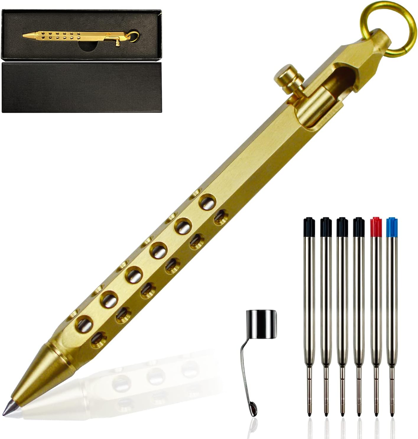 YUEZUDPO Bolt Action – Bolígrafo de latón macizo, bolígrafo de bolsillo de seis bordes, bolígrafo táctico de metal con recambios y clip, bolígrafo