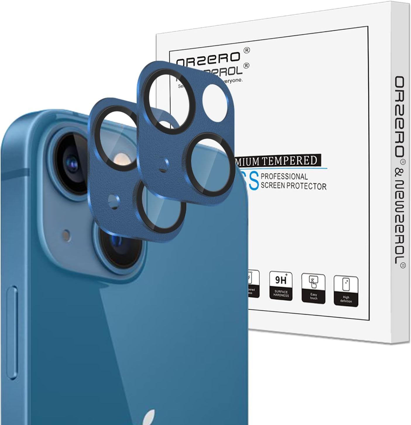 Orzero Paquete de 2 protectores de lente de cámara premium compatibles con iPhone 13 Mini, iPhone 13, metal y vidrio templado HD antiarañazos,