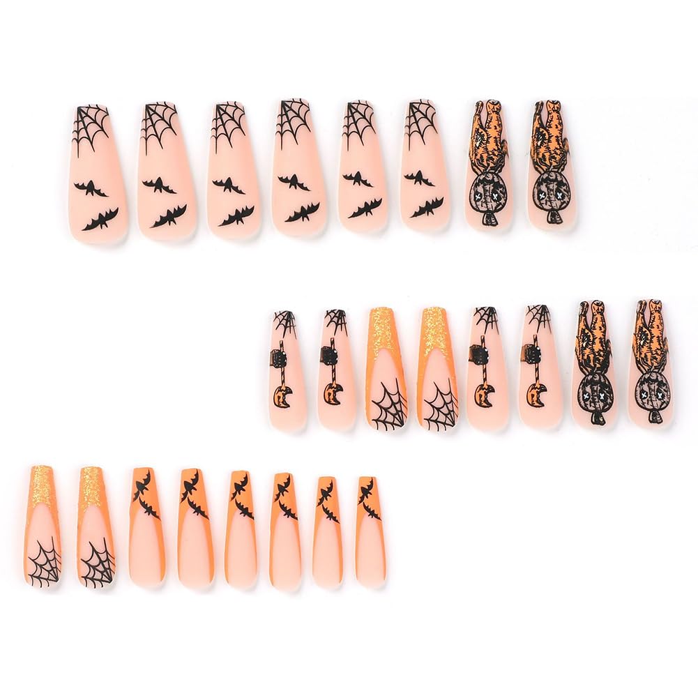 Uñas postizas a presión de Halloween, 24 unidades (12 tamaños), color naranja y negro, con punta francesa, uñas artificiales acrílicas con diseño de