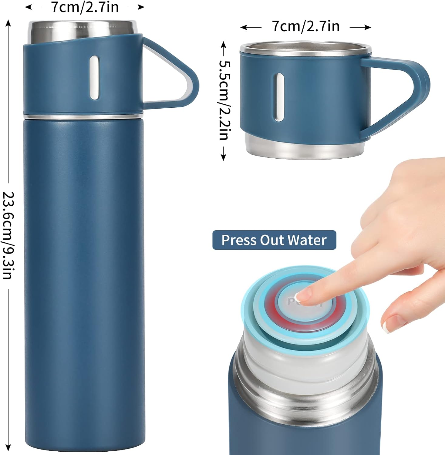 Juego de termo de acero inoxidable de 16.9 fl oz17 onzas, botella de agua aislada con tres tazas para bebidas calientes y frías, color azul