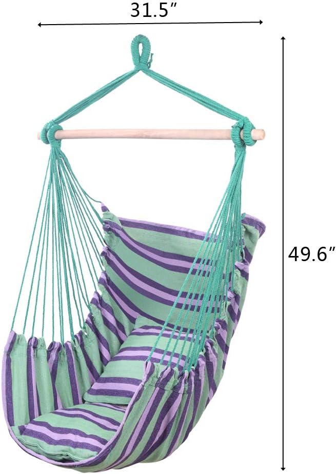 Hamaca colgante de cuerda para patio, dormitorio, patio, porche, cualquier espacio interior o exterior, rayas de lona, dos almohadas incluidas