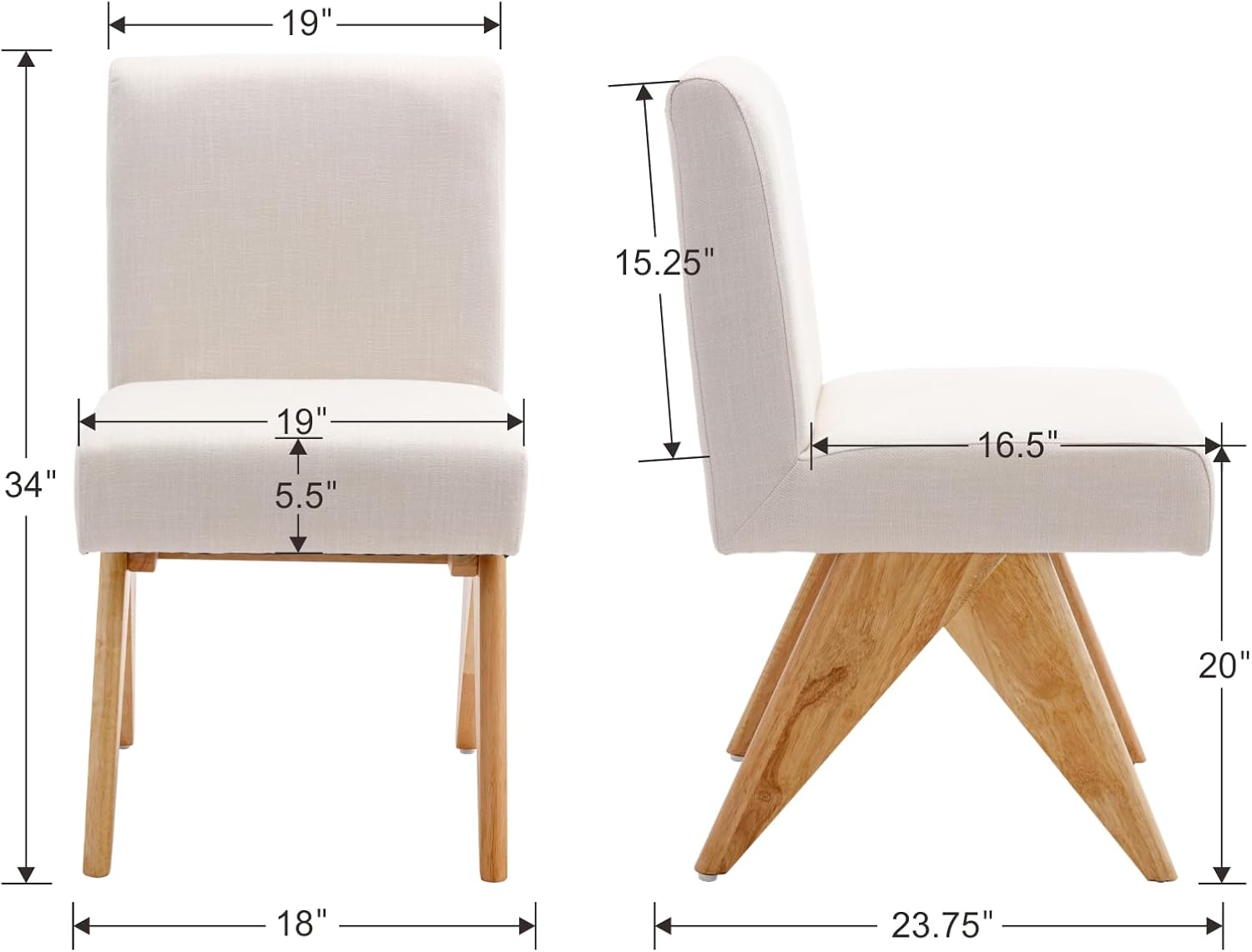 Wahson Juego de 2 sillas de comedor modernas tapizadas de lino de mediados de siglo, silla de comedor de tela moderna sin brazos con patas de madera