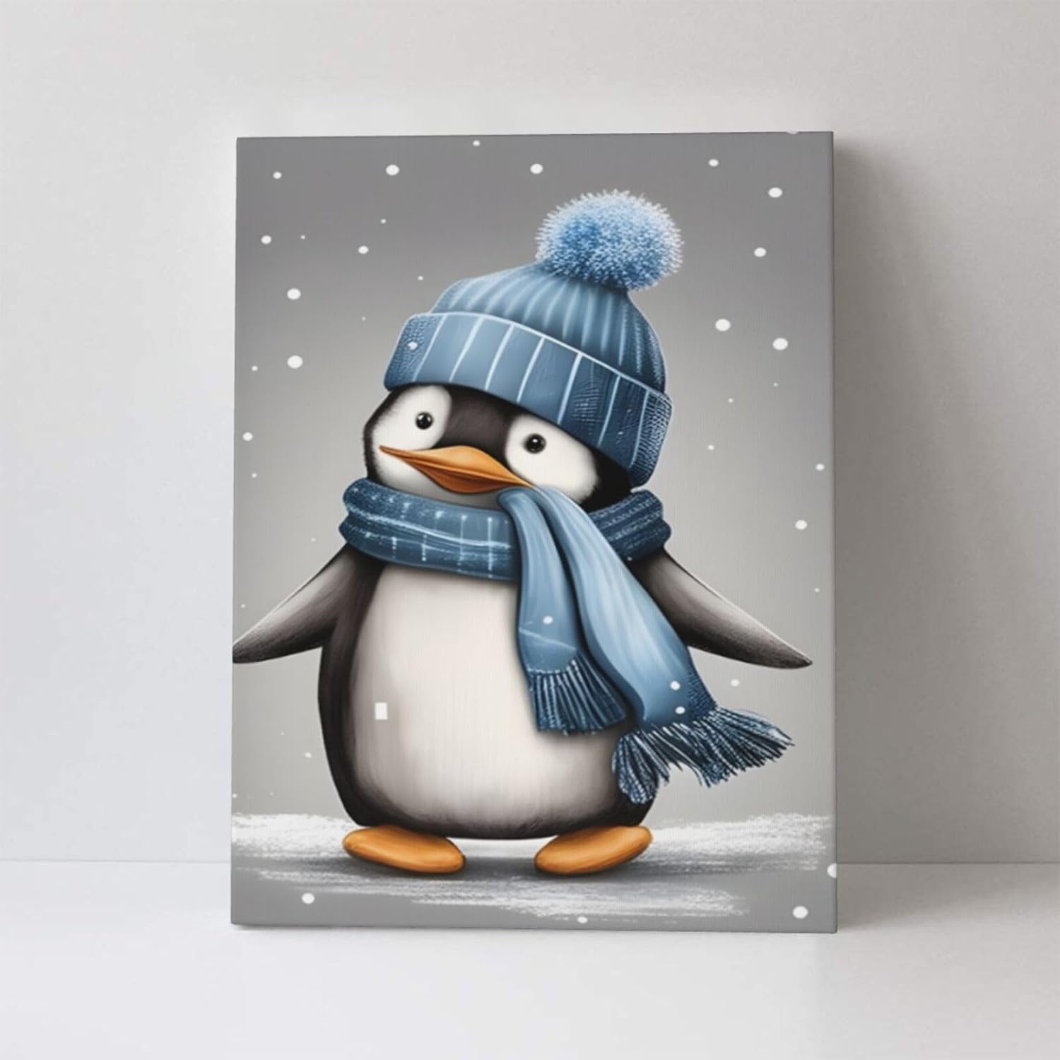 WEASYYDS Lienzo decorativo para pared de pingüino gris de invierno, con sombrero azul, impresión de pingüinos, imagen de animales, decoración para