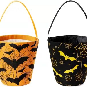 Ouksma 2 cubos de lona de Halloween para dulce o truco, cestas de dulces de Halloween, cestas de calabaza con asa para suministros de fiesta de Ouksma 2 cubos de lona de Halloween para dulce o truco, cestas de dulces de Halloween, cestas de calabaza con asa para suministros de fiesta de