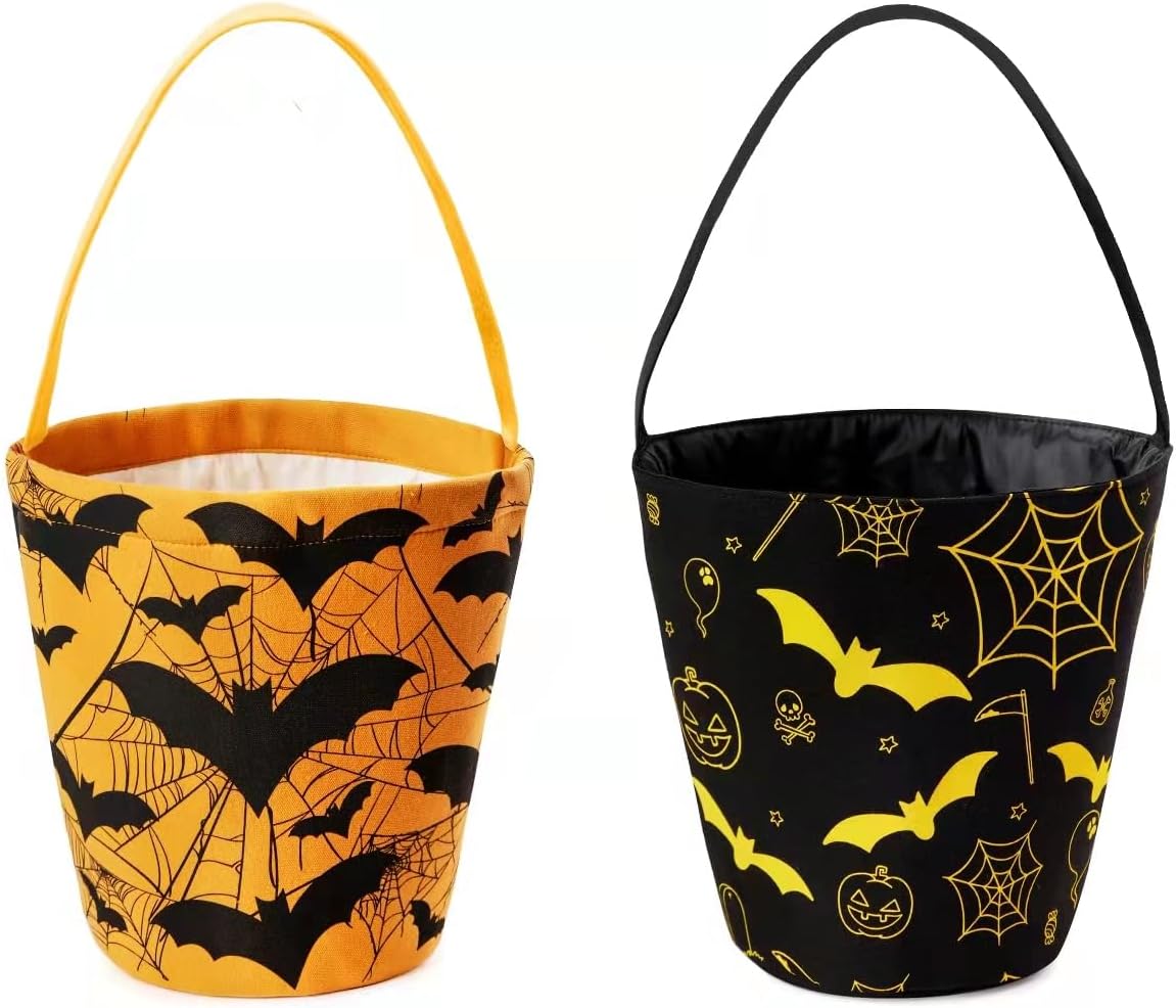 Ouksma 2 cubos de lona de Halloween para dulce o truco, cestas de dulces de Halloween, cestas de calabaza con asa para suministros de fiesta de