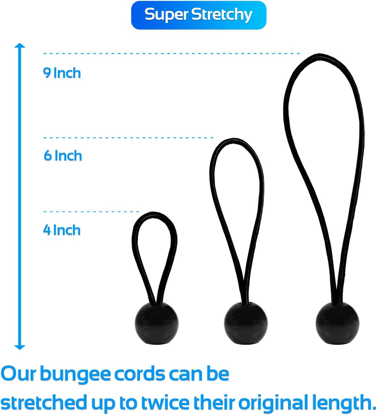 70 cuerdas elásticas negras de 6 pulgadas con bola, cuerda elástica de bola resistente para exteriores e interiores, bolas elásticas de lona para