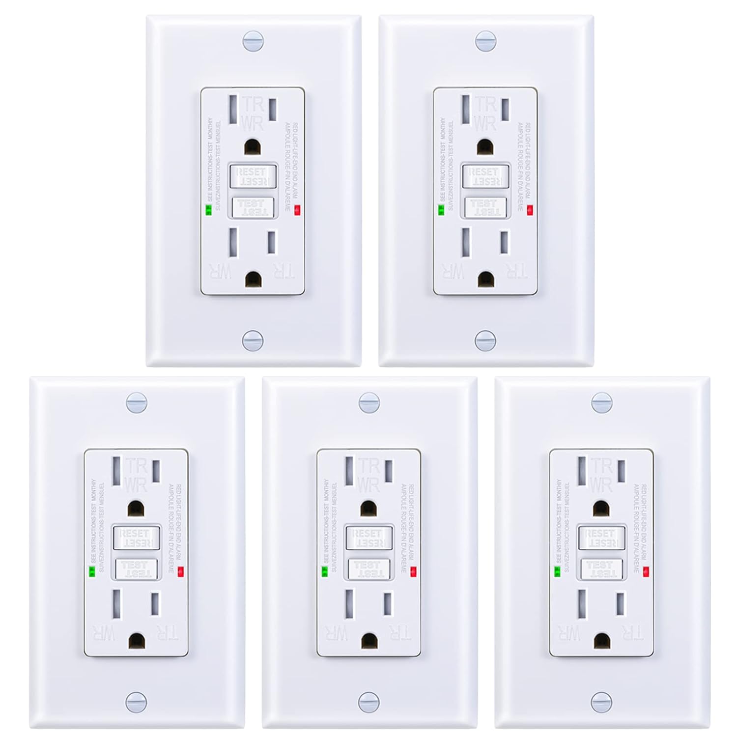 3GRACE Toma GFCI de 15 amperios, resistente a manipulaciones, resistente a la intemperie, uso en interiores o exteriores, indicador LED con placas