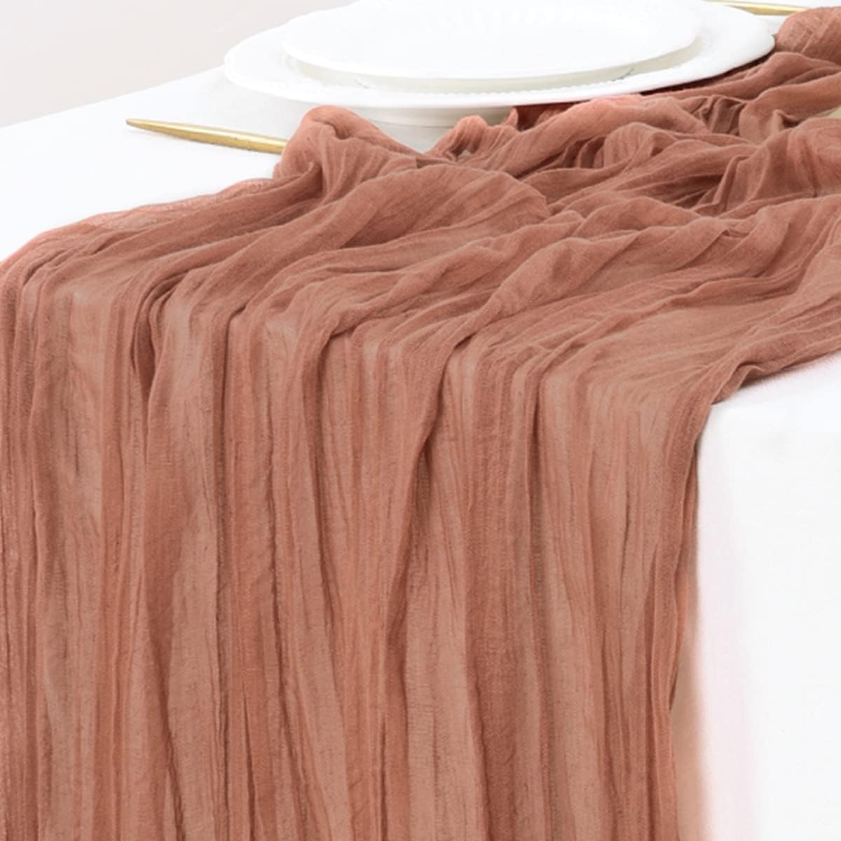 Socomi Camino de mesa de gasa de 10 pies, estilo bohemio, rústico, color rosa oscuro, camino de mesa para boda, despedida de soltera, otoño, Acción