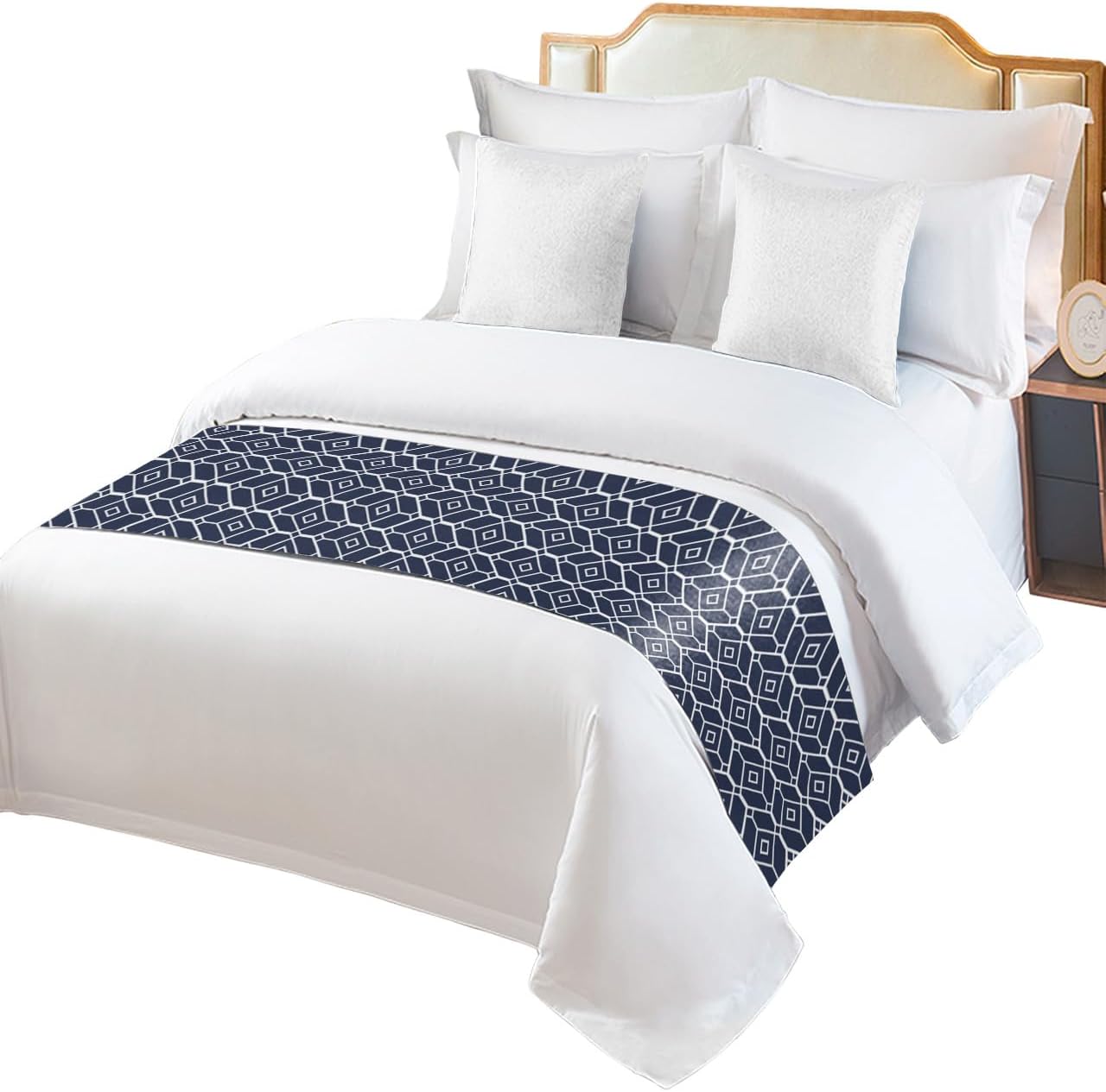 Navy Blue Bed Runners for King Size Bed, Decorative Bed Throws for Foot of Bed, White Modern Geometric Abstract Art Aesthetics Bed Runner Sofa Throw
