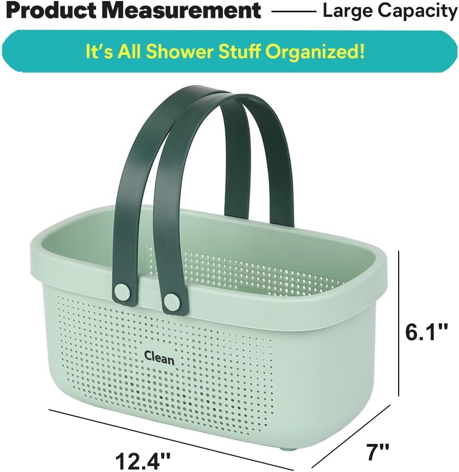 LAIGOO Cesta de almacenamiento de plástico verde con asas, organizador de almacenamiento de ducha para baño, dormitorio universitario, cocina,