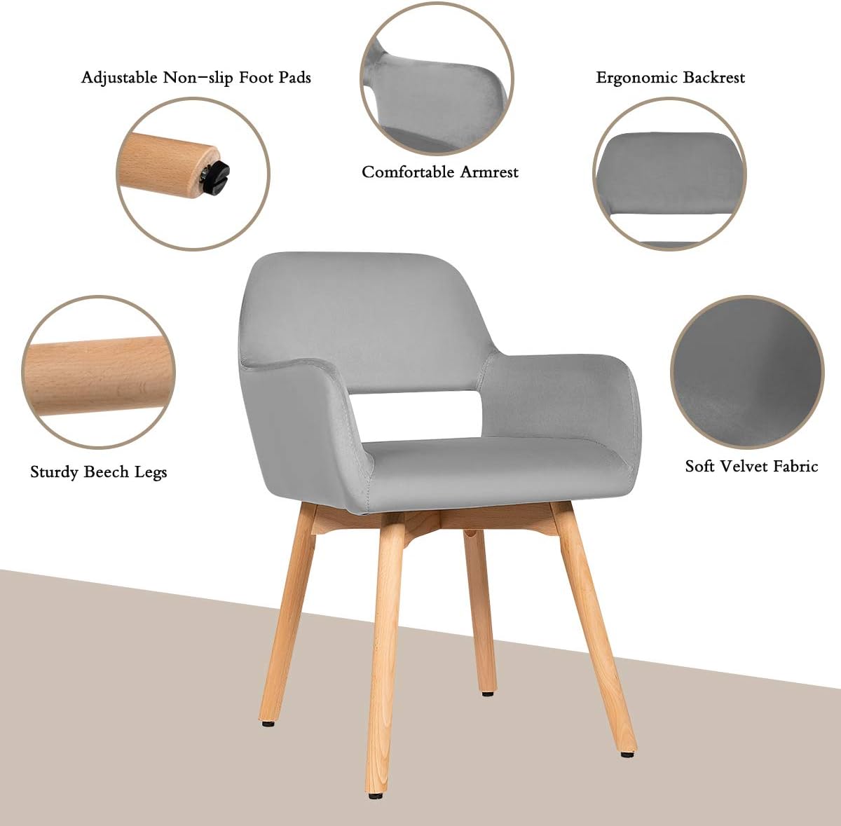 Giantex Juego de 2 sillas de comedor de terciopelo, silla moderna para sala de estar con patas de madera, almohadillas antideslizantes, soporte en