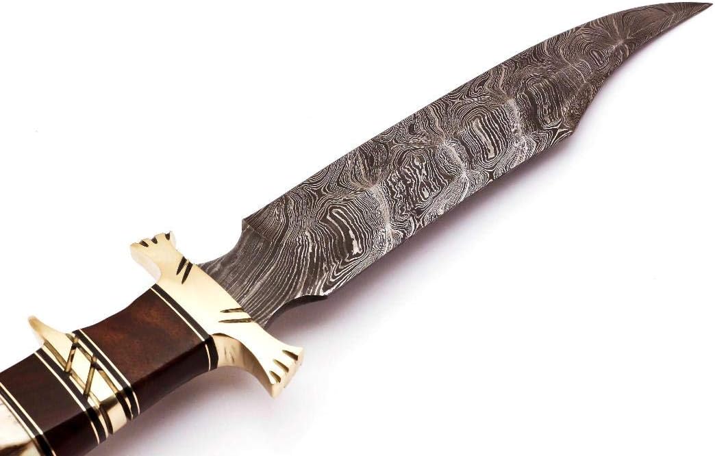 Cuchillo de caza de acero de Damasco con mango de asta de ciervo con madera de Burl y protector de latón, hoja de fijación de borde afilado hecho a