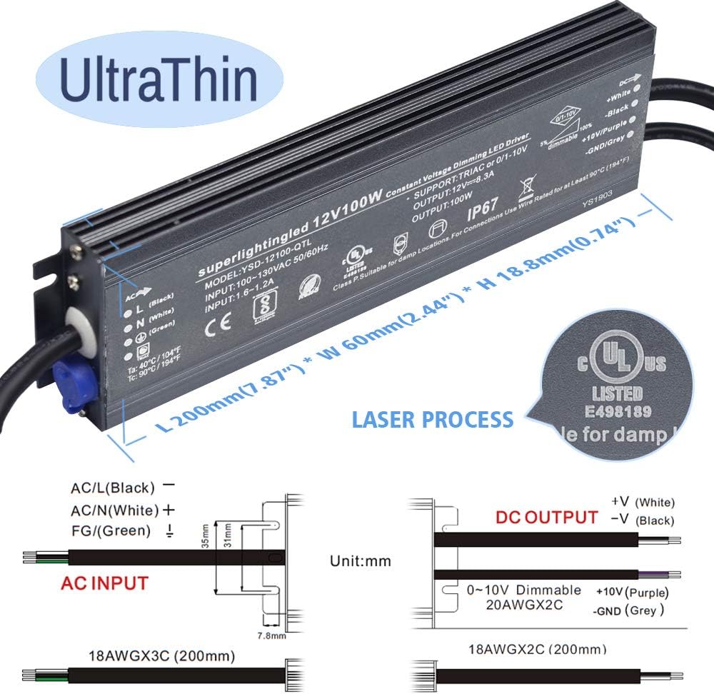 12 V CC 100 W UL-Listed 0-10 V y TRIAC regulable impermeable IP67 fuente de alimentación más delgada 110 V a 12 V transformador de bajo voltaje para
