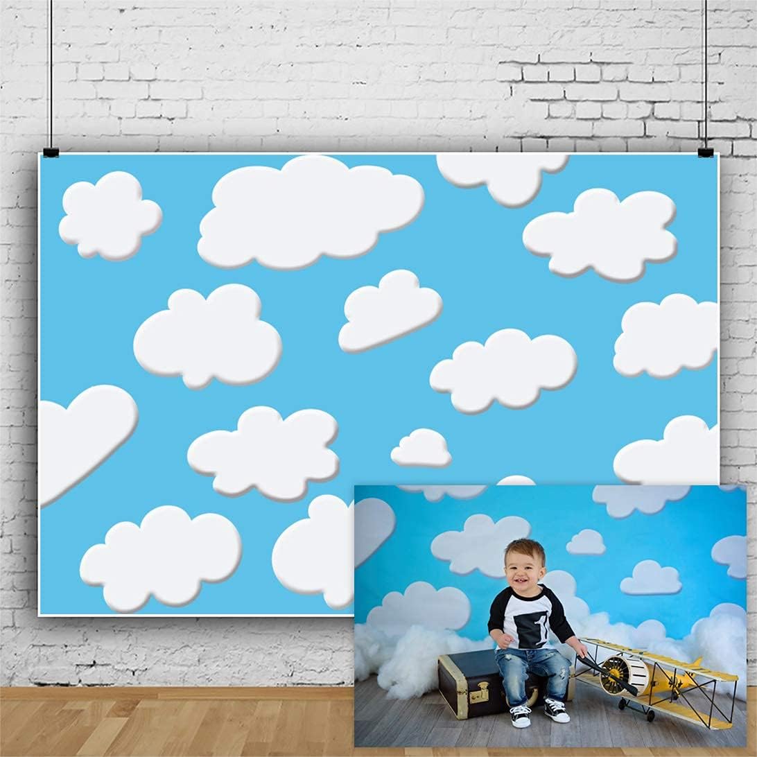 Laeacco Fondo de nubes blancas de cielo azul de dibujos animados de 10 x 6.5 pies, lindo fondo de fiesta de cumpleaños para niños, baby shower, mesa