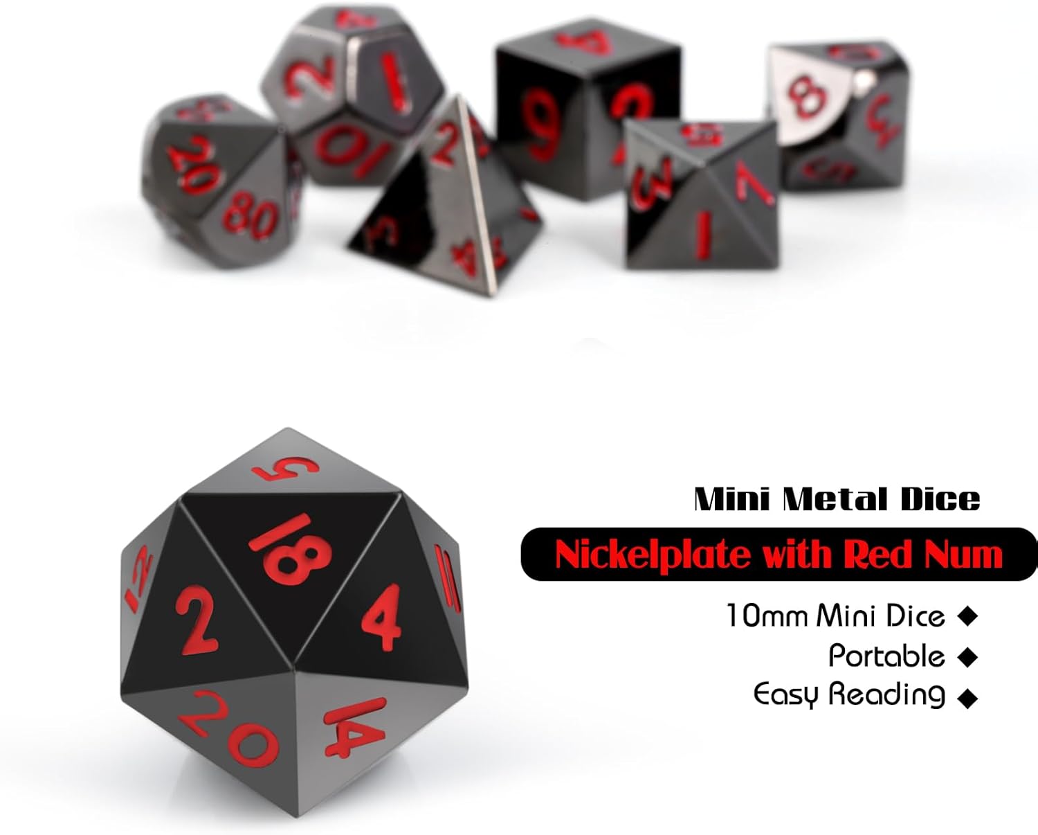 DNDND – Juego de dados metálicos de 0.394 in con magnífica caja de dados de regalo para Dungeons and Dragon D&D (negro con número rojo)