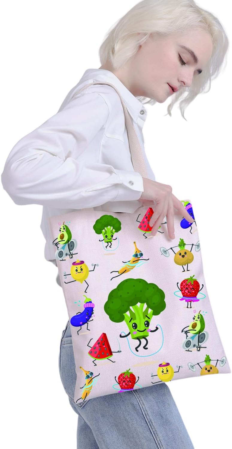 Divertida bolsa de lona de frutas y verduras para mujeres, bolsa de mano con estampado de vegetales, bolsa de comestibles reutilizable, regalo de