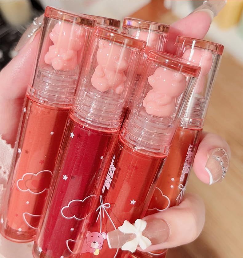 Juego de lápices labiales líquidos hidratantes de oso de 6 colores, lindo oso gelatina, juego de esmalte de labios dulce hidratante, maquillaje de