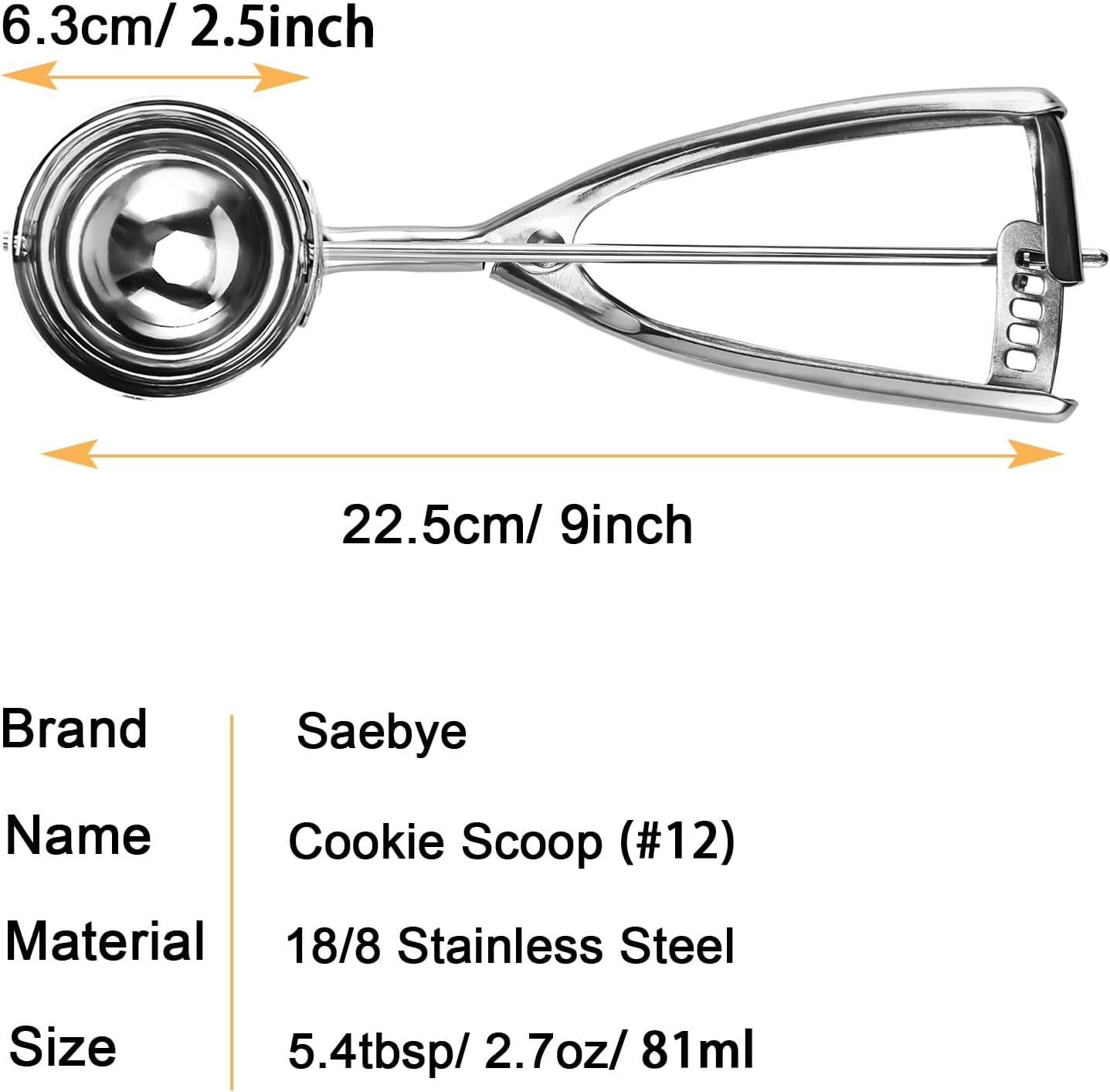 Cuchara grande para galletas, 5.4 cucharadas2.7 onzas, bola de 2.5 pulgadas2.480 in, cuchara de helado de acero inoxidable 188, pala para cupcakes,