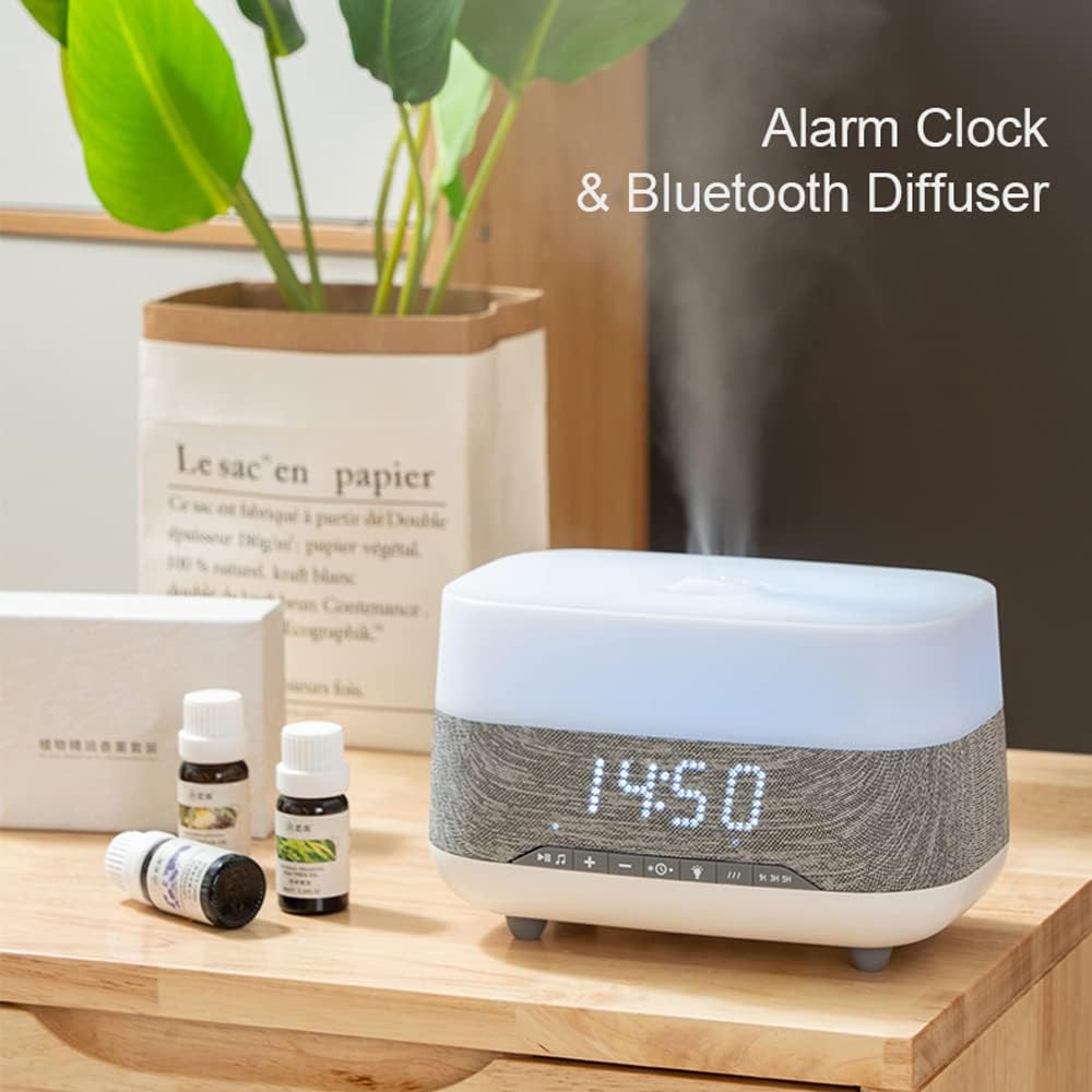 Difusor de aceite esencial y humidificador con reloj de altavoz, luces nocturnas de humor de 7 colores, aromaterapia eléctrica de niebla fría para