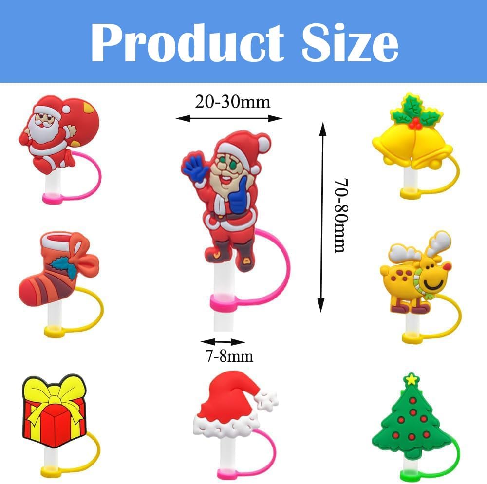 Juego de 8 tapas de popote de Navidad, para popote de 0.276-0.315 in, divertidos, reutilizables, de silicona, compatible con vaso Stanley de 30