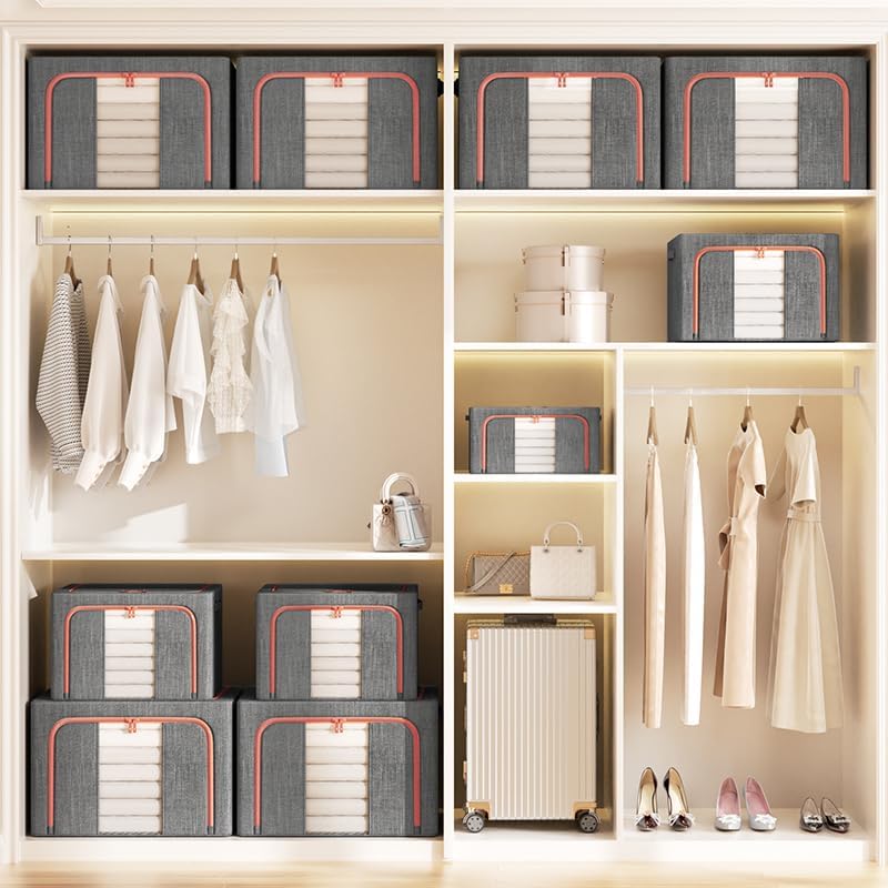 Caja de almacenamiento de ropa, juego organizador plegable de tela de lino con ventana transparente y asas de transporte con marco de metal, paquete