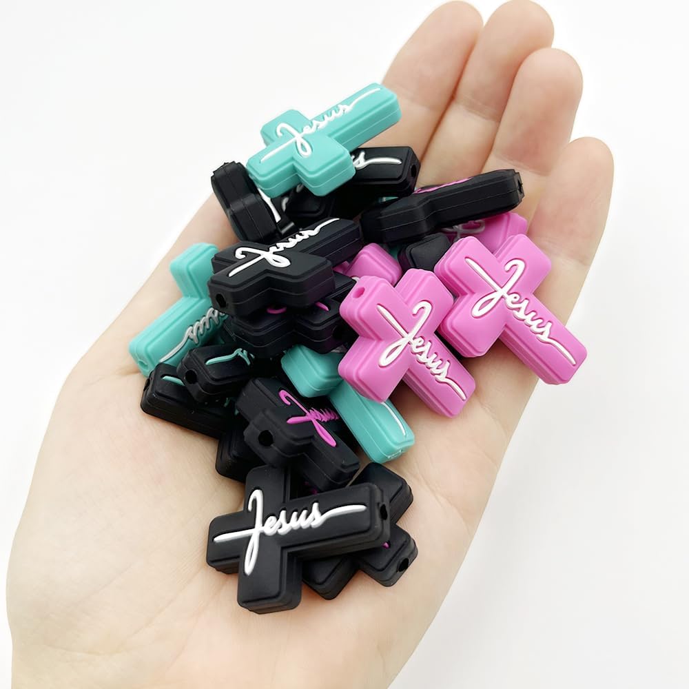 20 cuentas de silicona cruzadas de silicona con cuentas focales de mezcla de colores en forma de cruz, cuentas focales para bolígrafos, cuentas