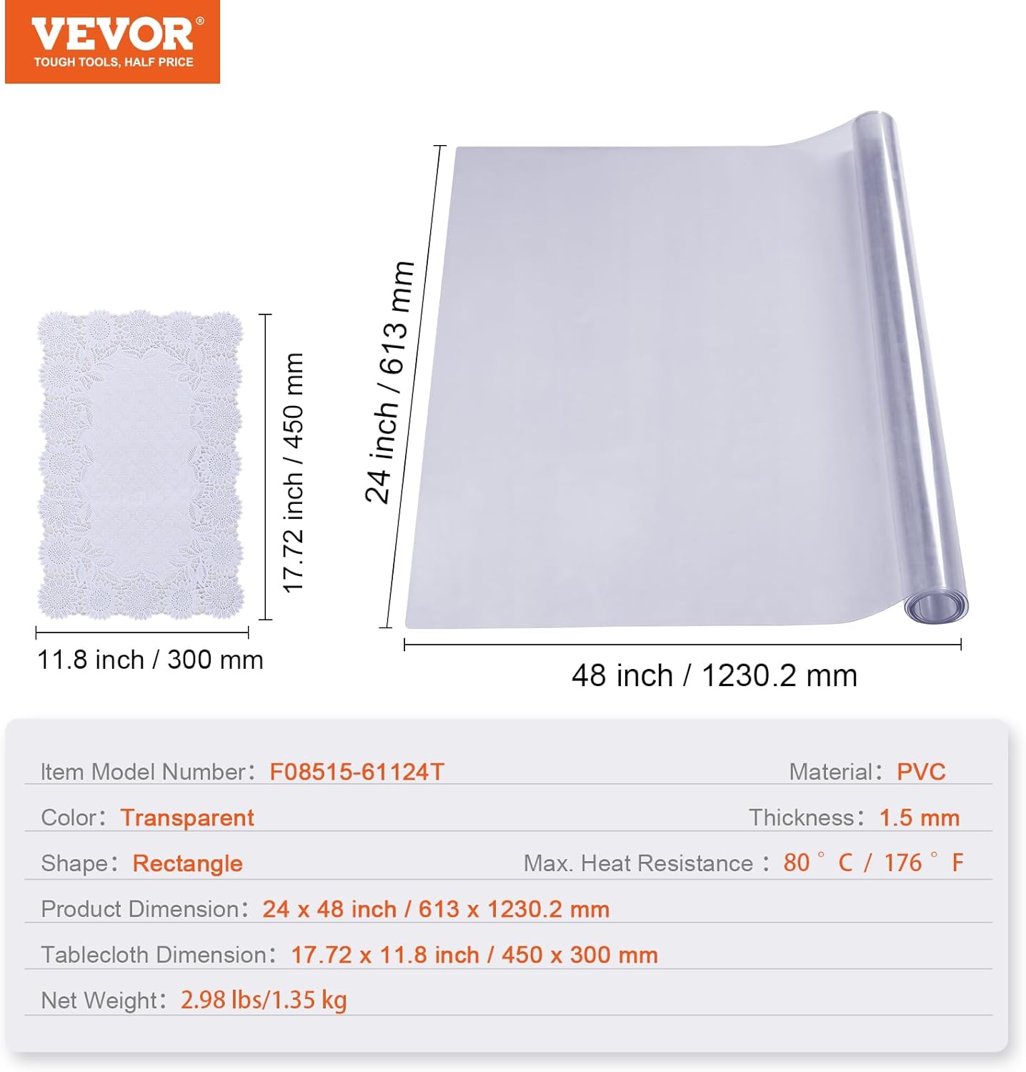 VEVOR Protector transparente para mesa, rectangular de 24 x 48 pulgadas, mantel de plástico PVC de 0.059 in de grosor, protector de escritorio