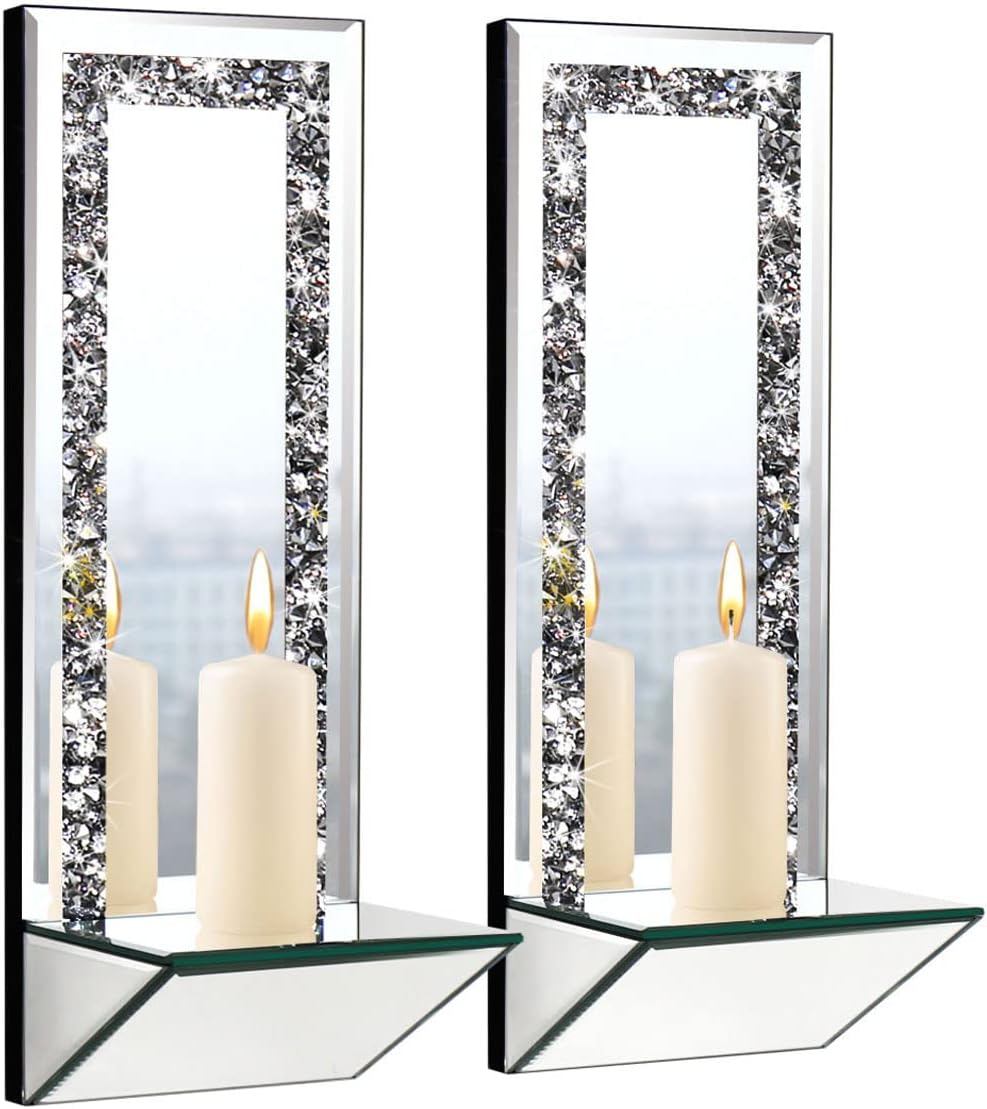 GIMORRTO Elegante juego de 2 candelabros de espejo  Elegantes portavelas de pared con diamante triturado de 15 x 5.3 pulgadas para velas de pilar