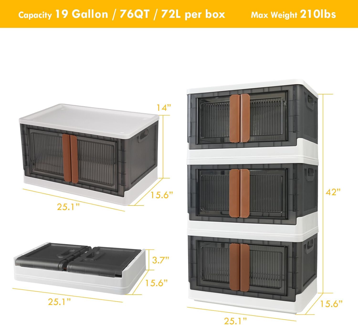AJP Distributors Paquete de 6 contenedores de almacenamiento apilables de 19 galones con tapas, bolsas plegables de plástico, contenedores de