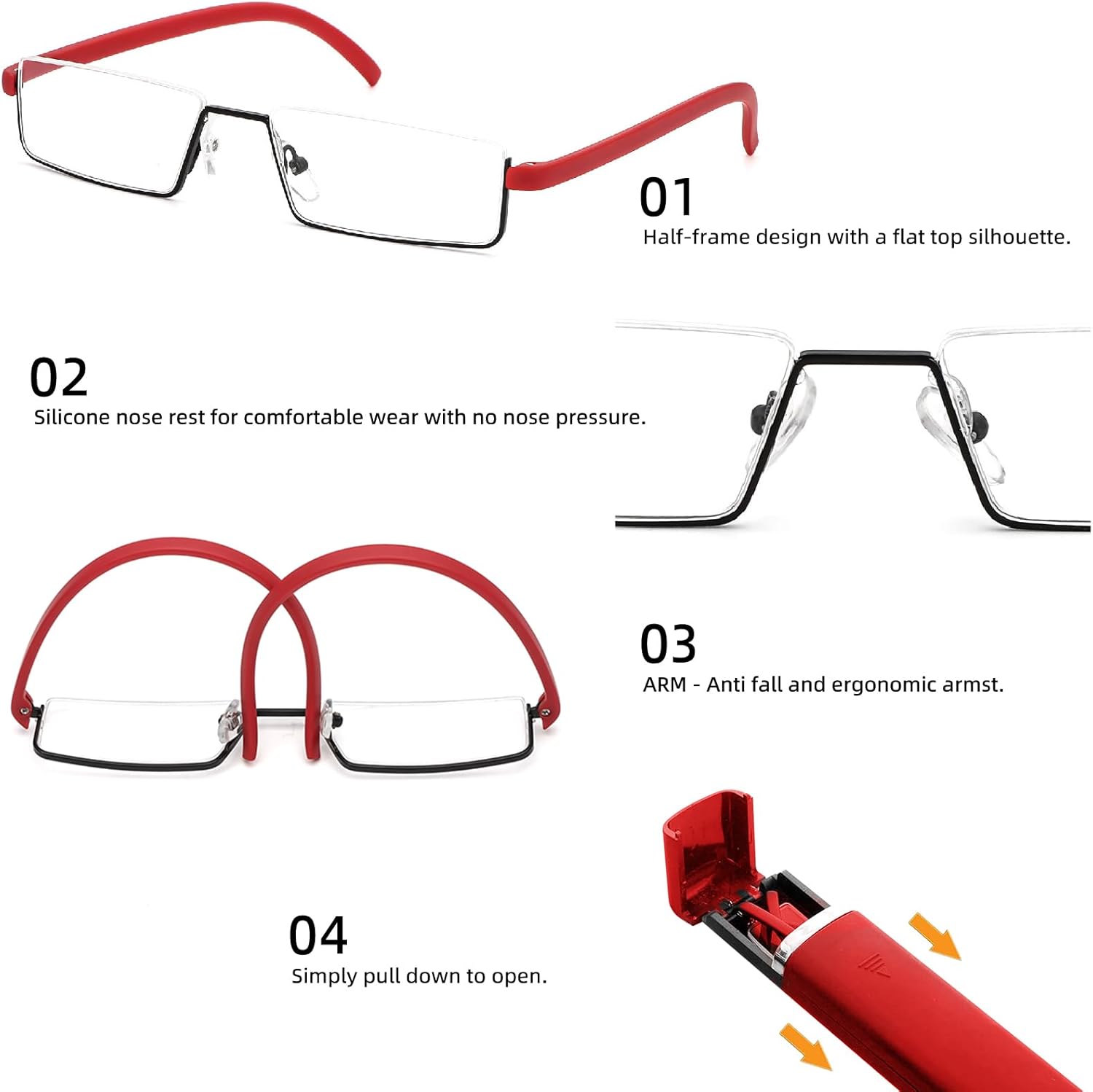 REAVEE Elegantes lentes de lectura de medio marco para mujeres y damas, lentes de media lente, rectángulos, portátiles, de metal, con estuches,