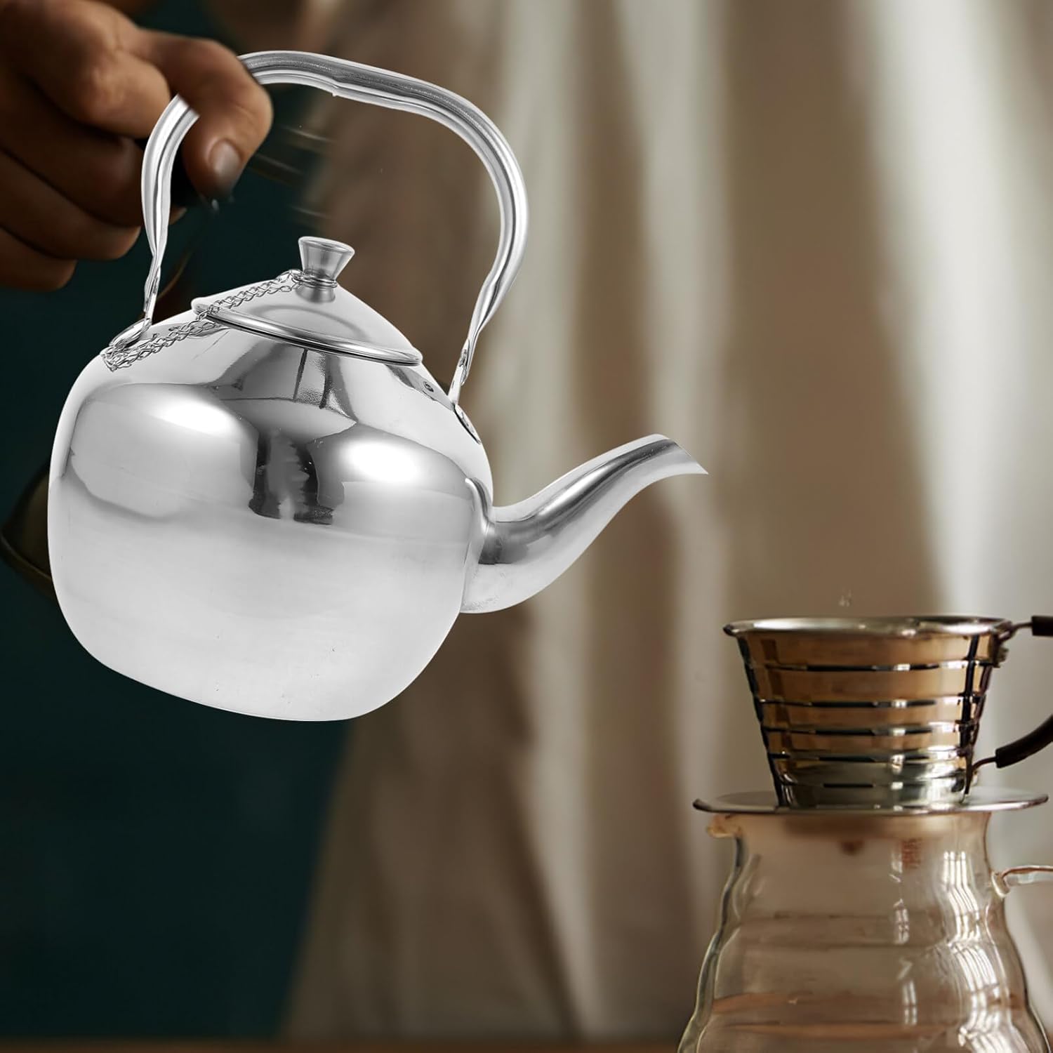 Kichvoe Tetera de viaje de acero inoxidable, tetera de metal, tetera de metal, tetera de agua con asa, tetera para cocina, tetera de acero