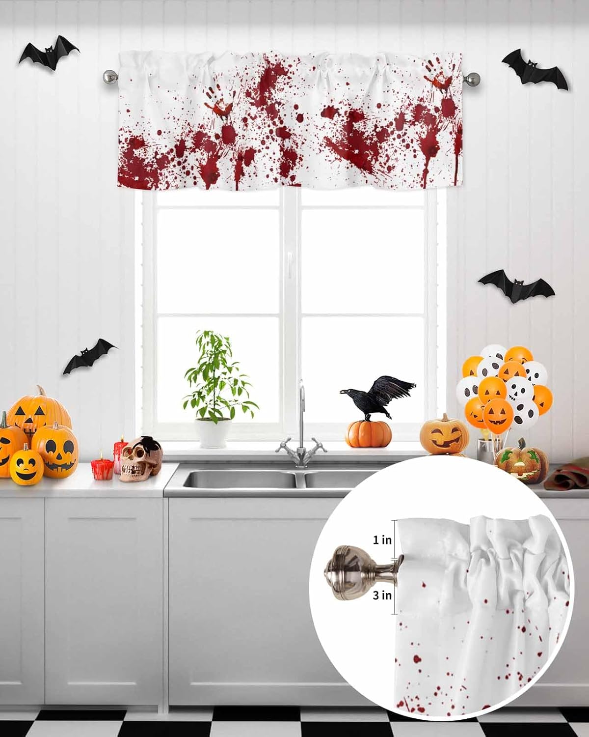 Cortinas de Halloween para cocina, cafetería, cortinas cortas con estampado de manos crueles y espeluznantes, 42 x 18 pulgadas, bolsillo para barra,