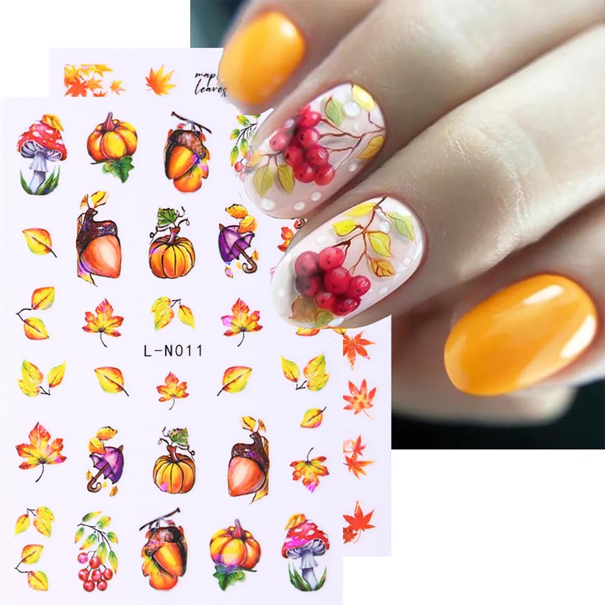 Calcomanías de arte de uñas de otoño, 6 hojas de arce, autoadhesivas, 3D, diseño de hojas de ginkgo, ardilla, calabaza, otoño, suministros de arte