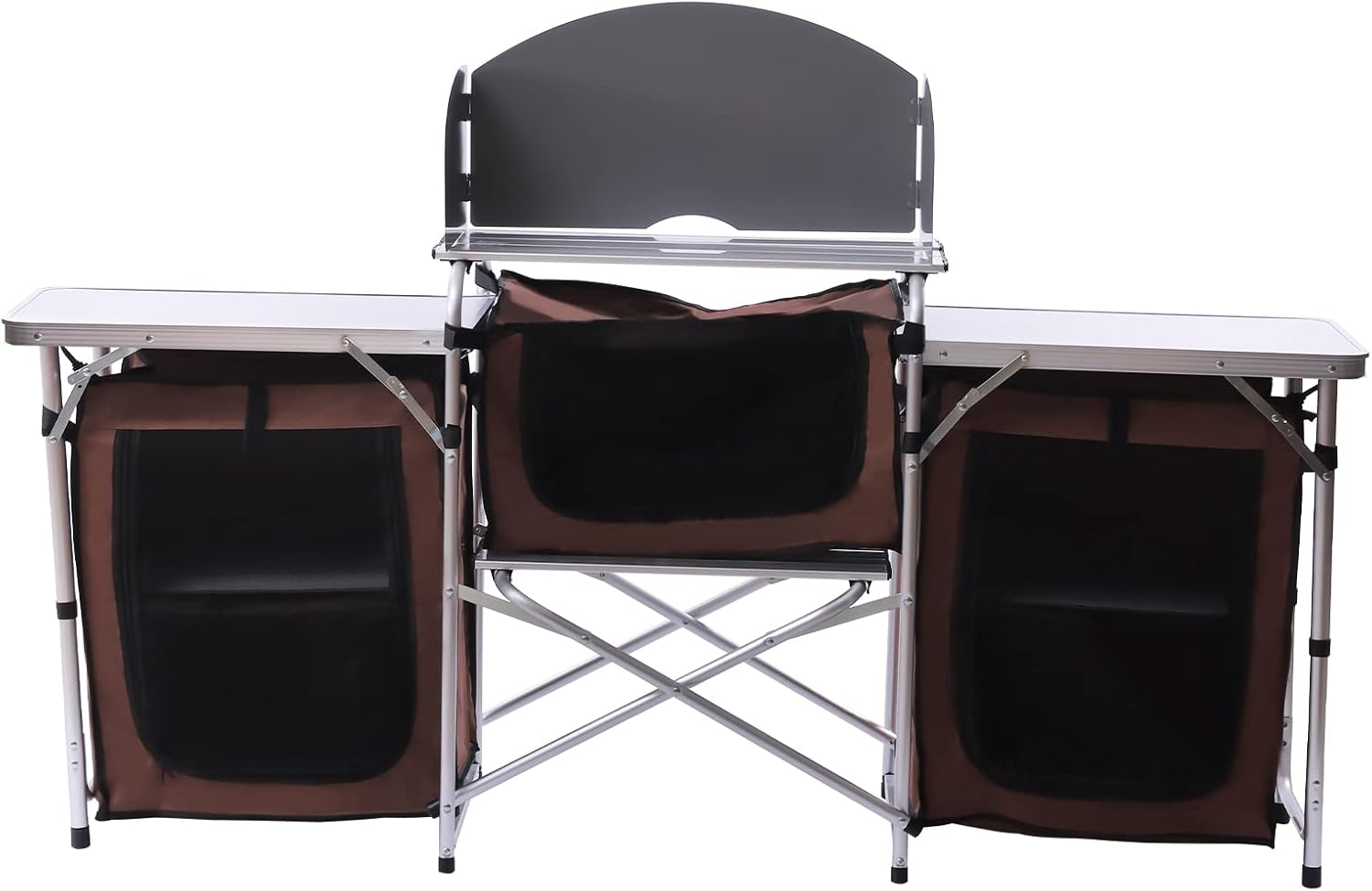 Mesa de cocina plegable para acampar con almacenamiento y 2 mesas laterales, parabrisas desmontable, estación de cocina portátil para campamento al