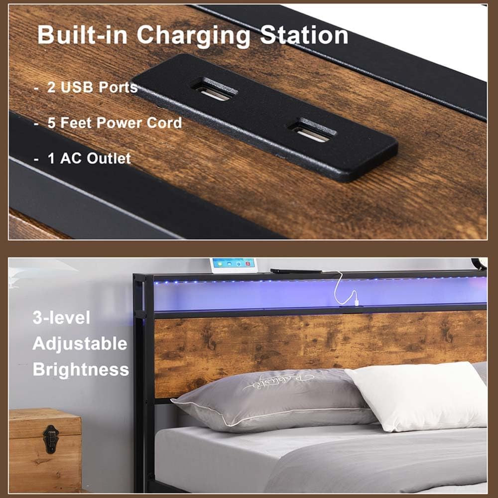 Base de cama de plataforma de metal tamaño Queen con cabecero y estribo de madera con luces USB y LED, no necesita somier, gran almacenamiento