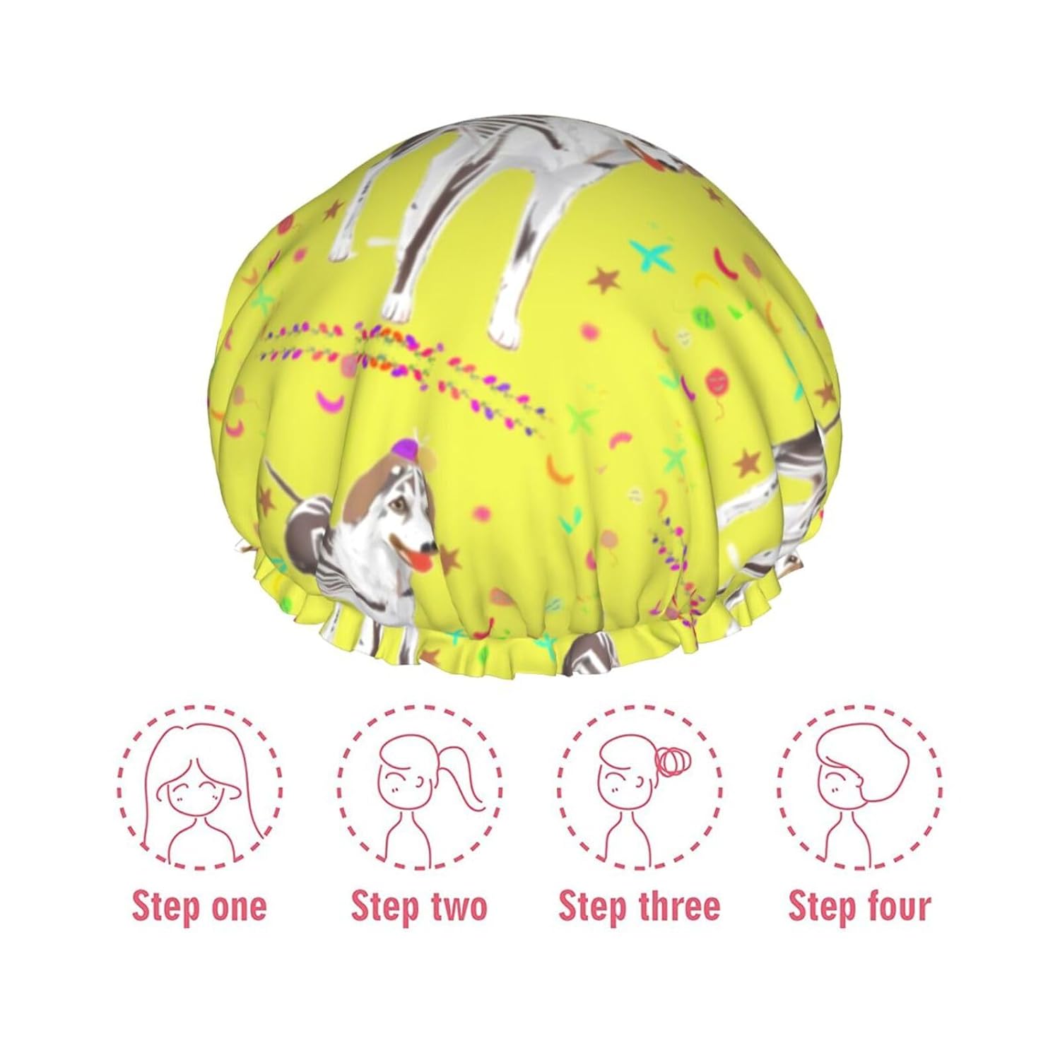 Cartoon Grey And White Dog Reusable Double Layer Waterproof Shower Cap With Elastic Cord For Home Cleaning Facial Care Shower