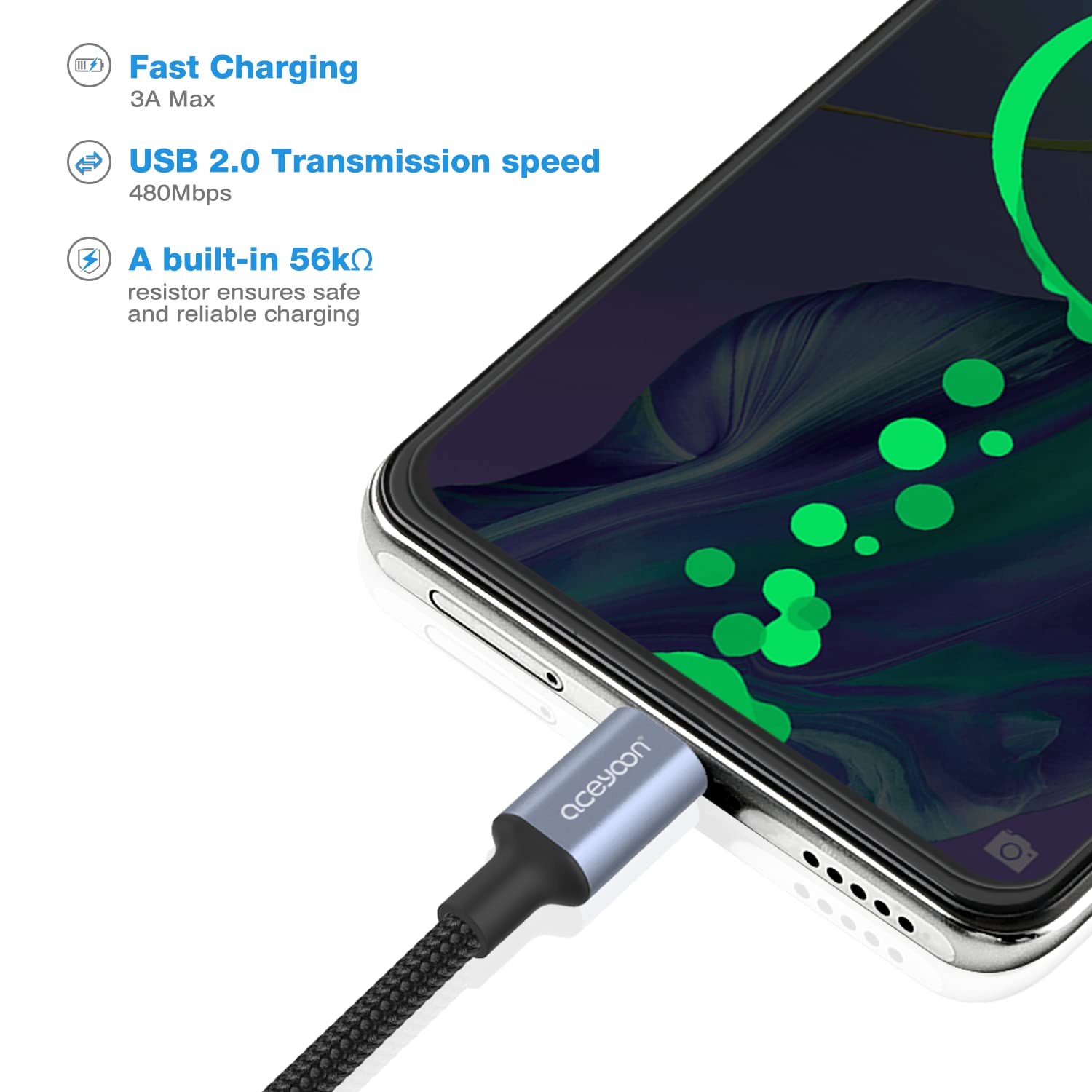 aceyoon Paquete de 3, cable USB C de 0.3 pies trenzado 3A de carga rápida, cable de carga tipo C compatible con Galaxy S8 S9 S10 S20 S21, Samsung