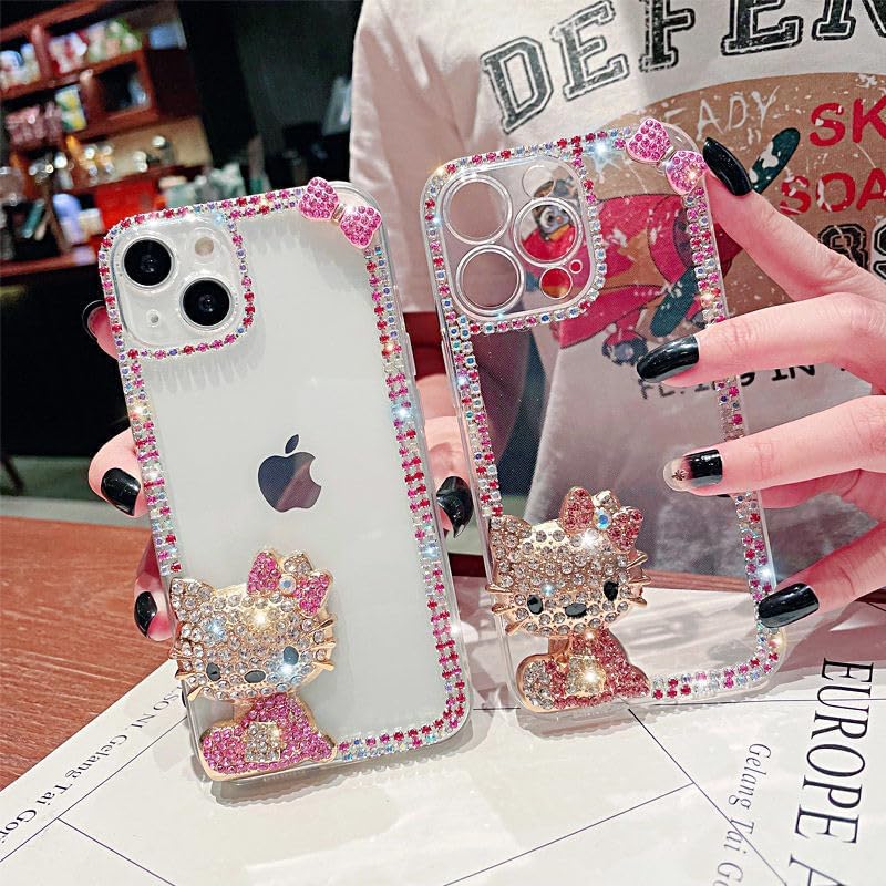 Victor – Funda de silicona para mujer con diamantes de imitación y diamantes de imitación para iPhone 14, 13, 12, 11, Hello KT, color rosa KT