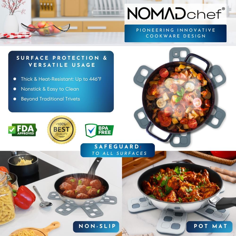 NOMADCHEF Salvamanteles de doble uso para platos calientes y protectores de sartén de silicona para apilar  Alfombrilla de salvamanteles de silicona